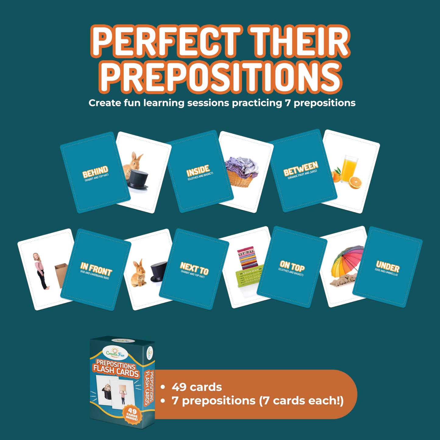 CreateFun 49 Preposition Vocabulary Builder Flash Cards Vol 1 | 7 Picture Cards + 5 Sequencing Games