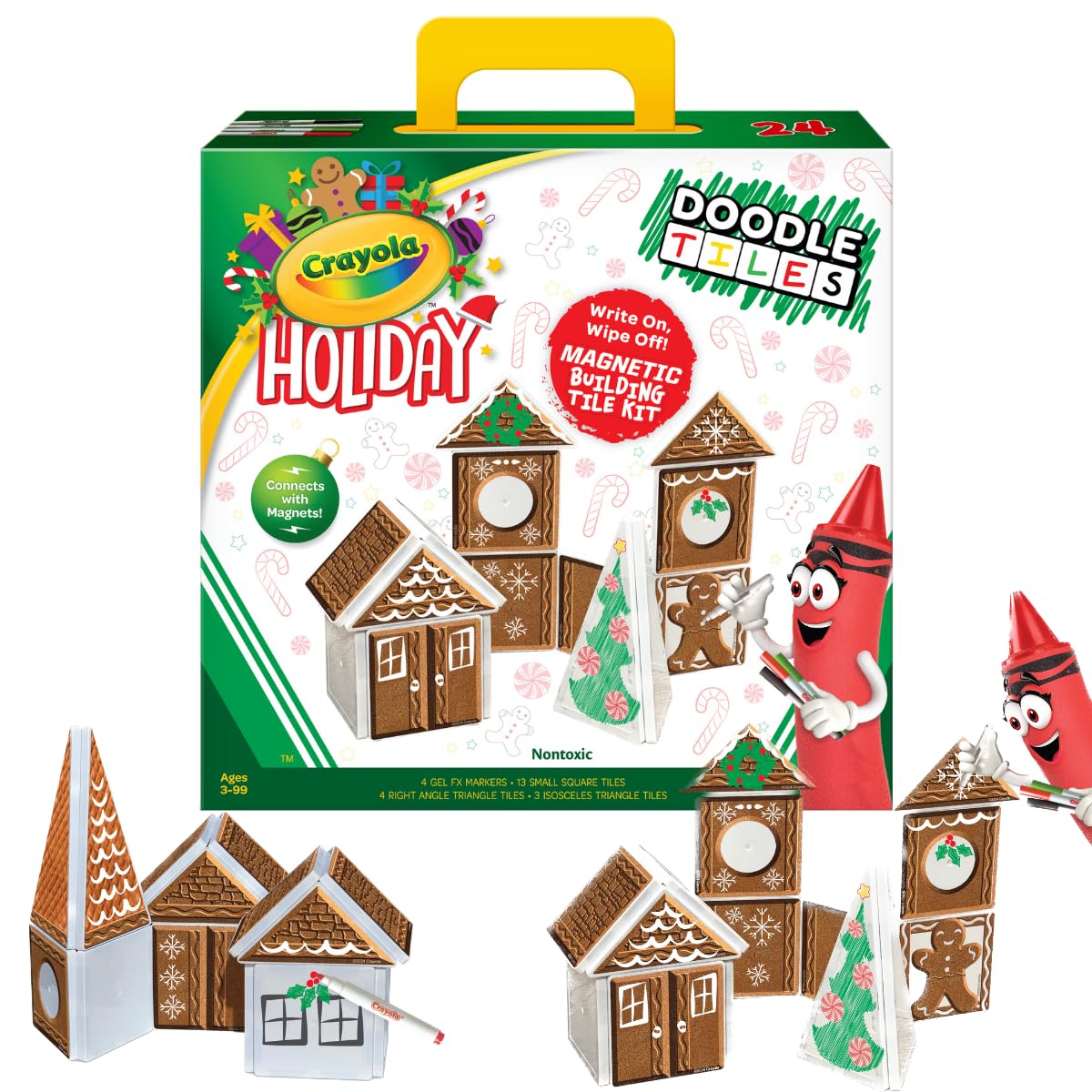 CreateOn Crayola Gingerbread House Magnetic Tiles – 24pc STEM Holiday Building Set for Kids 3+