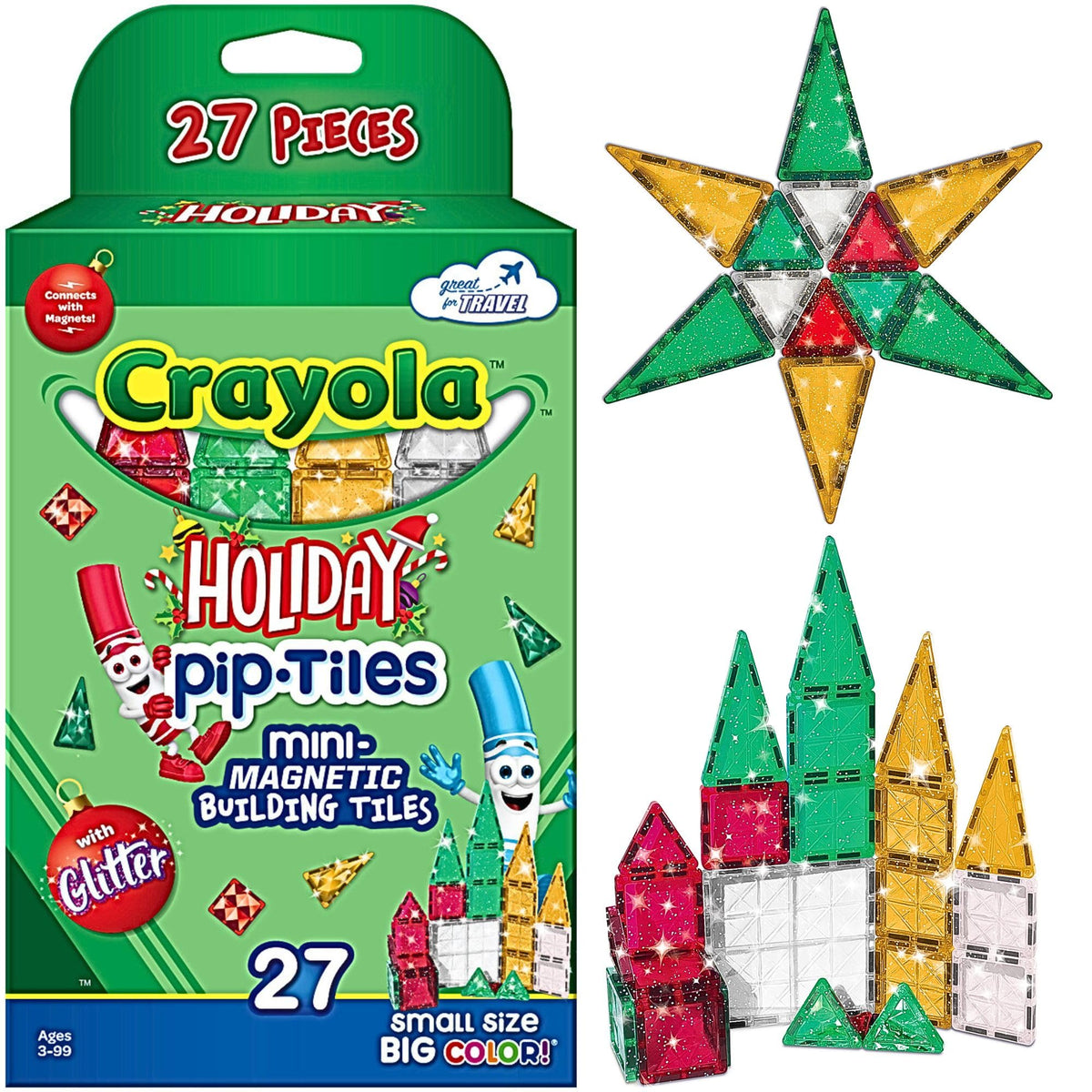 CreateOn Crayola Glitter PIP Magnetic Tiles – 27-Piece Travel STEM Building Toy for Kids