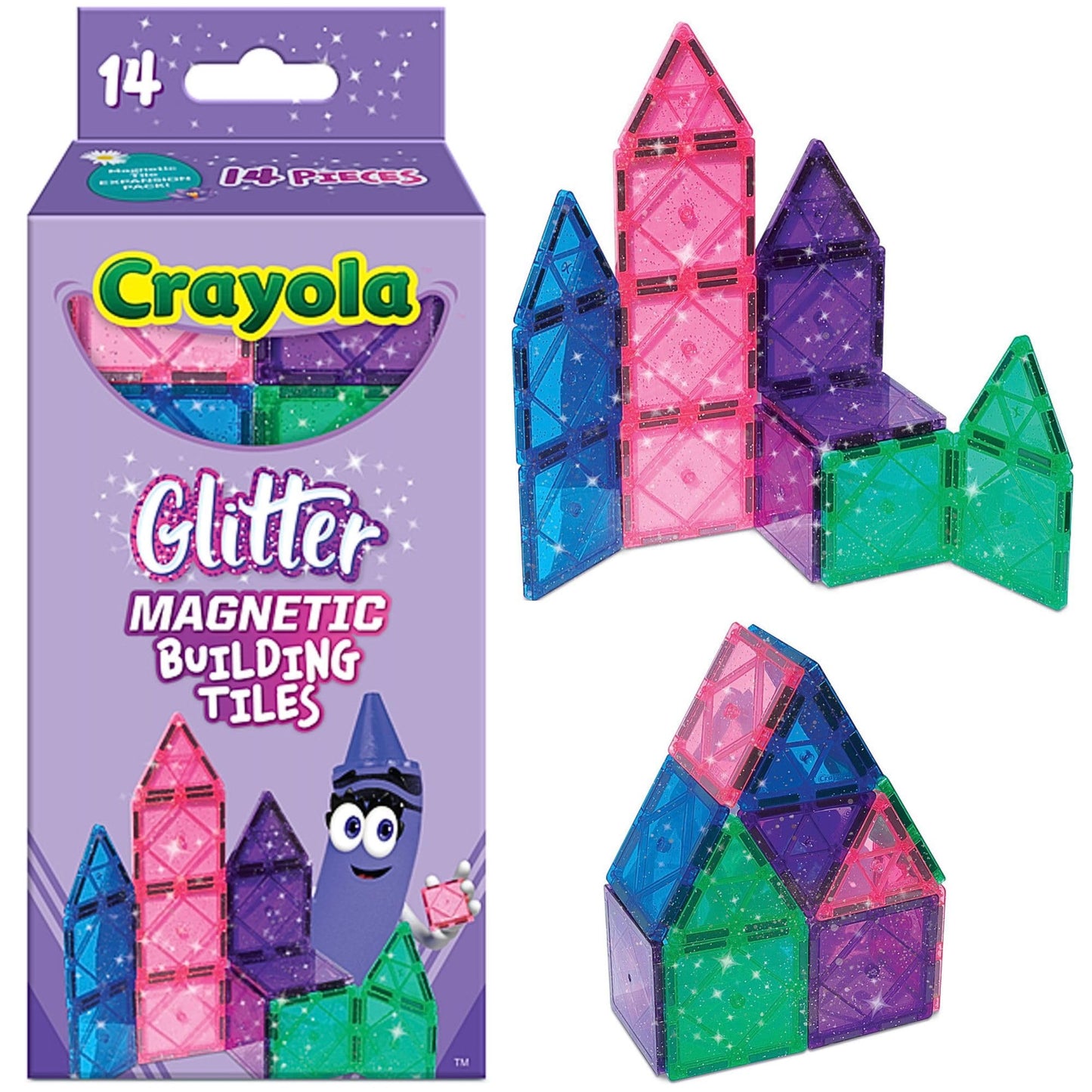CreateOn Crayola Magnetic Tiles Glitter 14-Piece Set – STEM & Montessori Blocks for Travel & Classroom