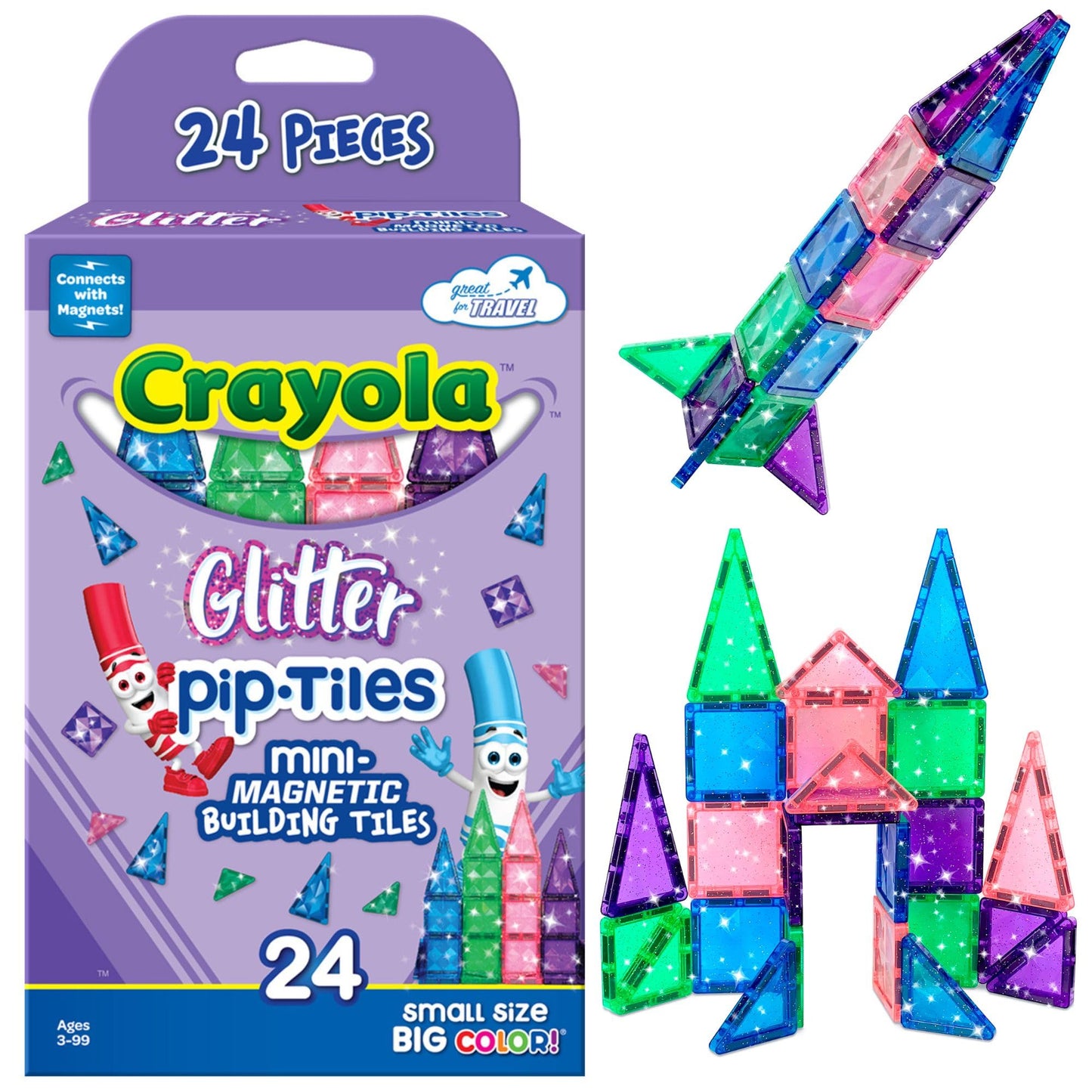CreateOn Crayola Mini Magnetic PIP-Tiles – 24-Piece Glitter Magnetic Tiles for STEM Travel (Ages 3+)
