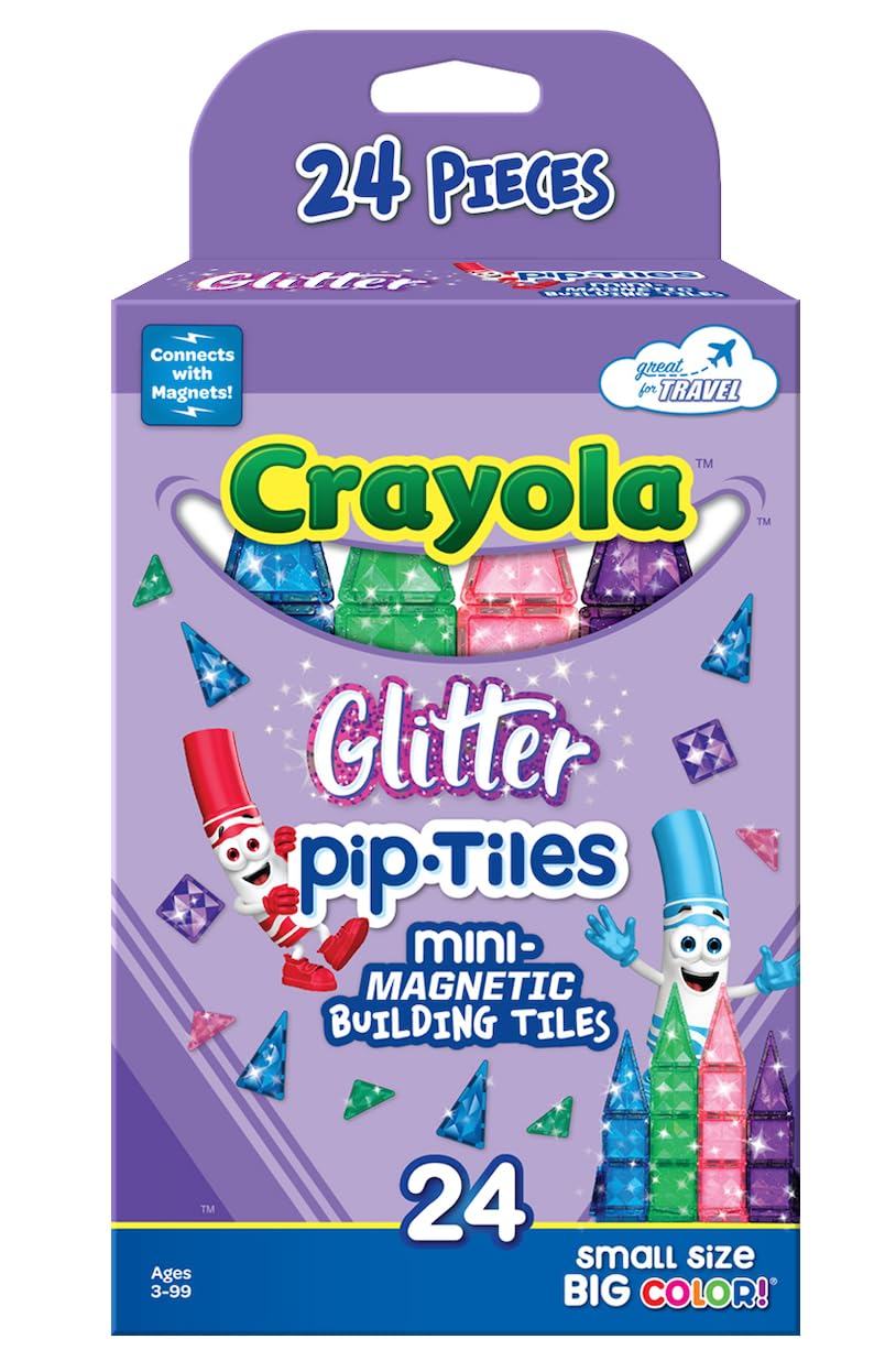 CreateOn Crayola Mini Magnetic PIP-Tiles – 24-Piece Glitter Magnetic Tiles for STEM Travel (Ages 3+)