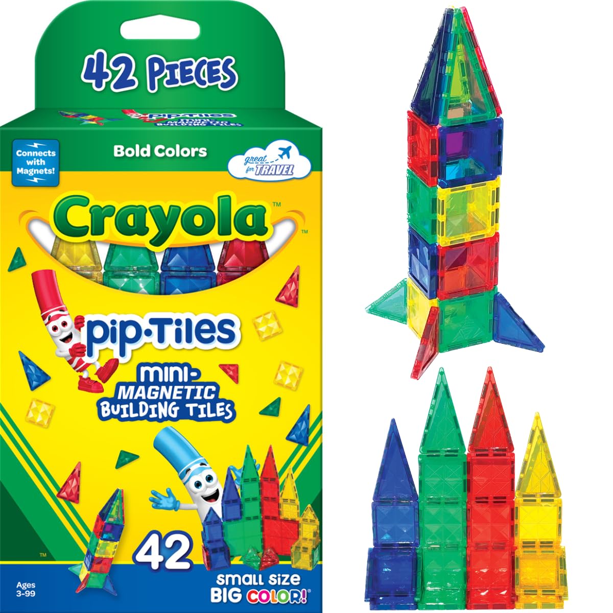 CreateOn Crayola Mini Magnetic PIP-Tiles – 42-Piece Building Set for Kids, Travel STEM Toy