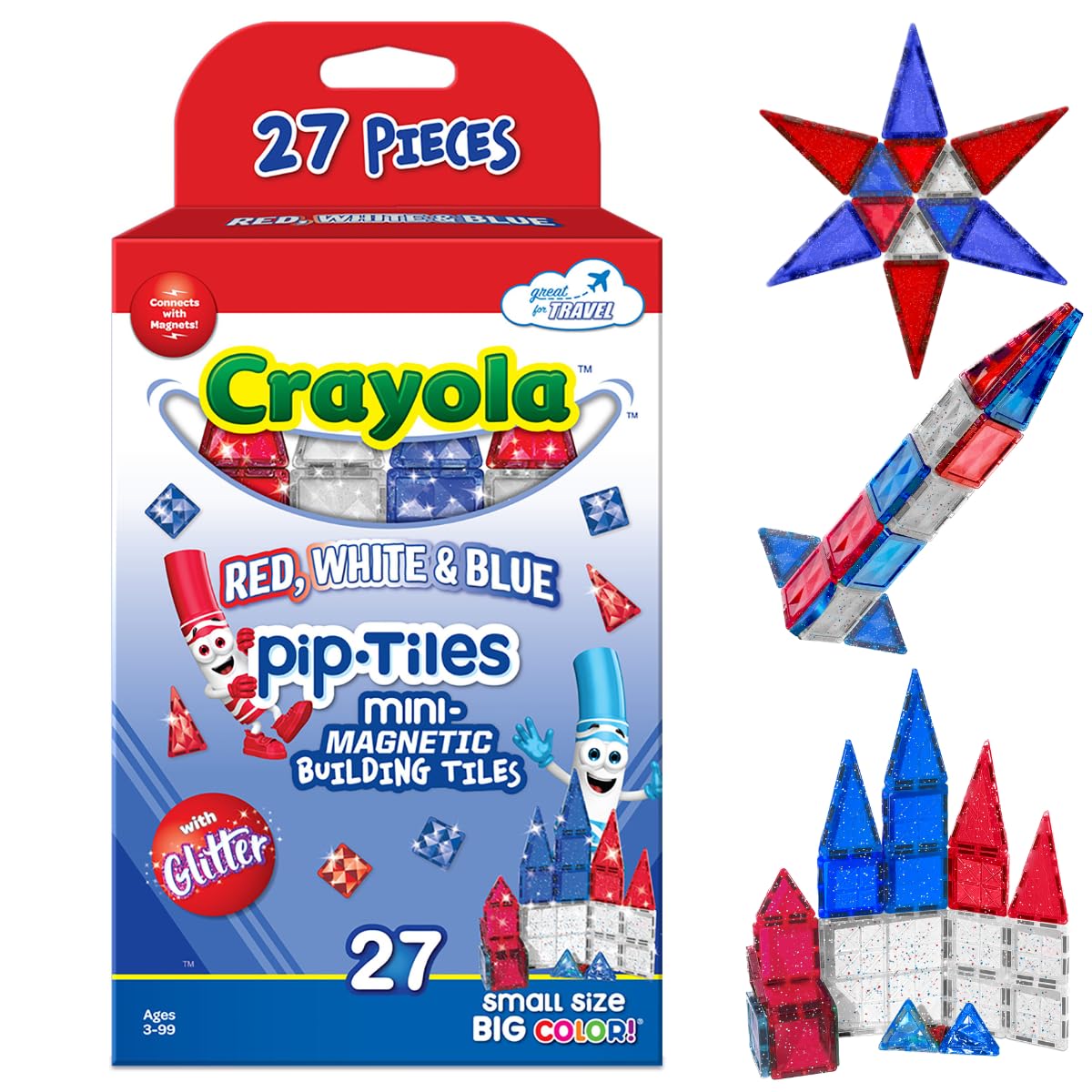 CreateOn Crayola Red, White & Blue Glitter PIP Magnetic Tiles - 27-Piece Set