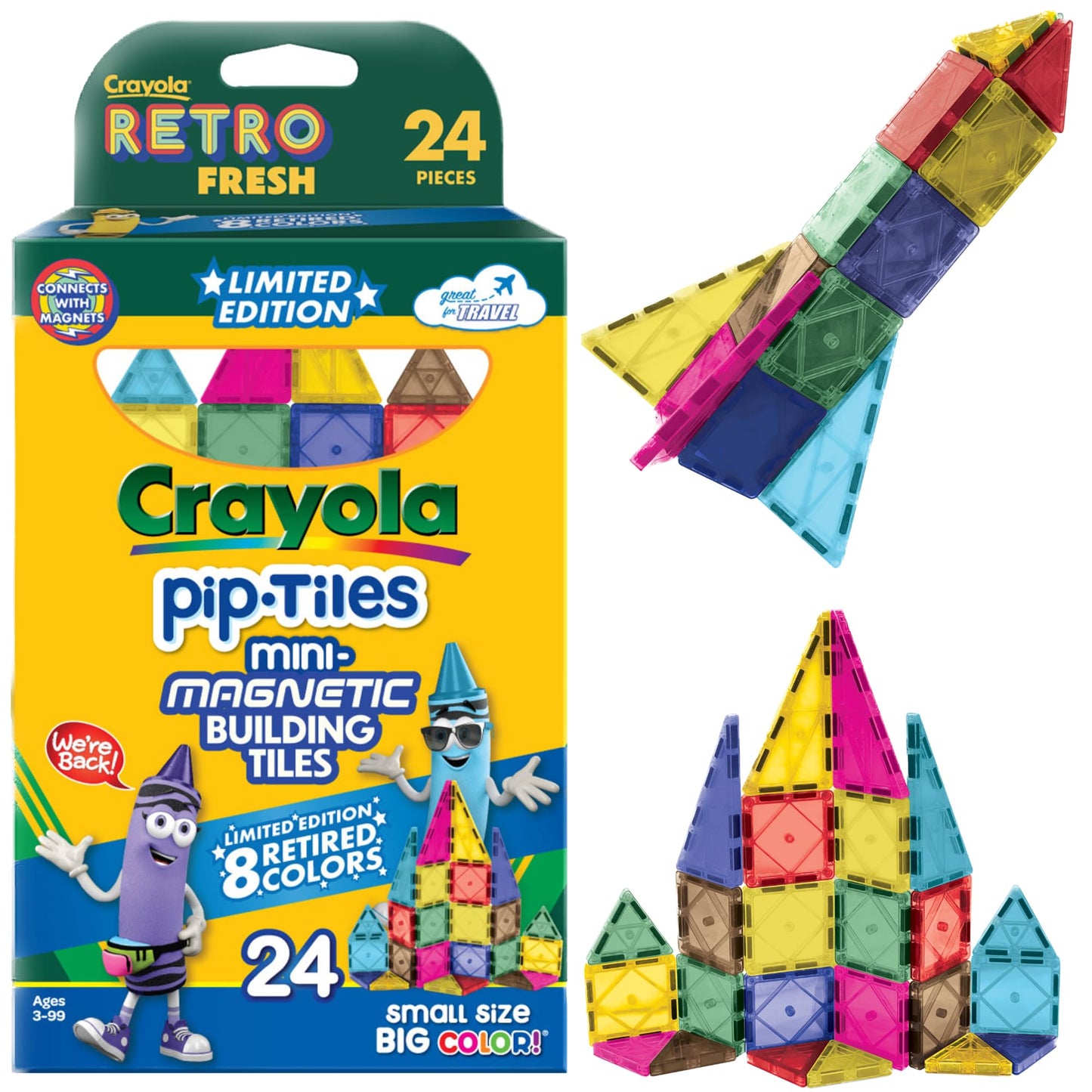 CreateOn Crayola Retro PIP Magnetic Tiles – 24-Piece Mini Building Set for STEM & Montessori Play