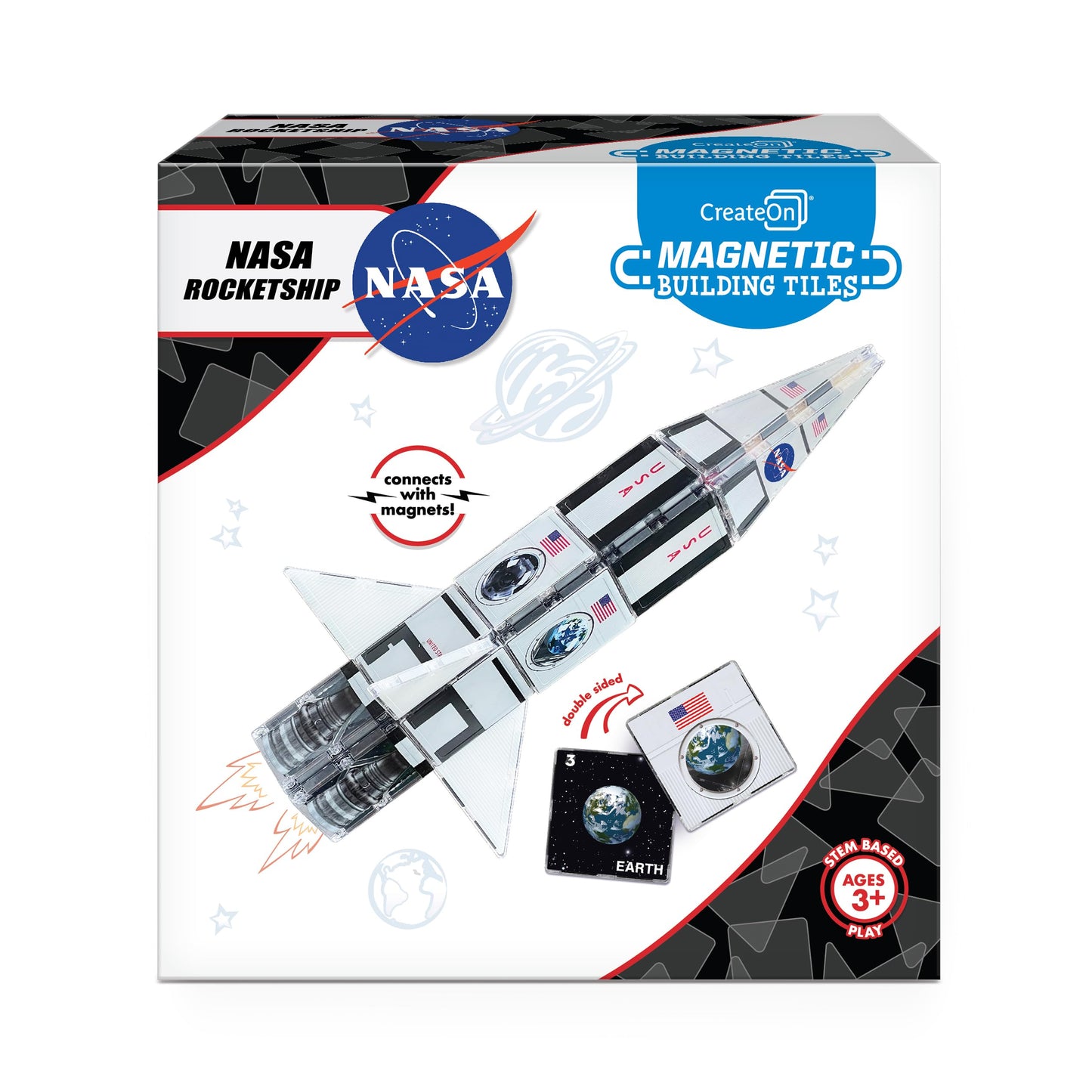 CreateOn NASA Rocketship Magnetic Tile Set | 18-Piece STEM Building Toys for Kids 3+
