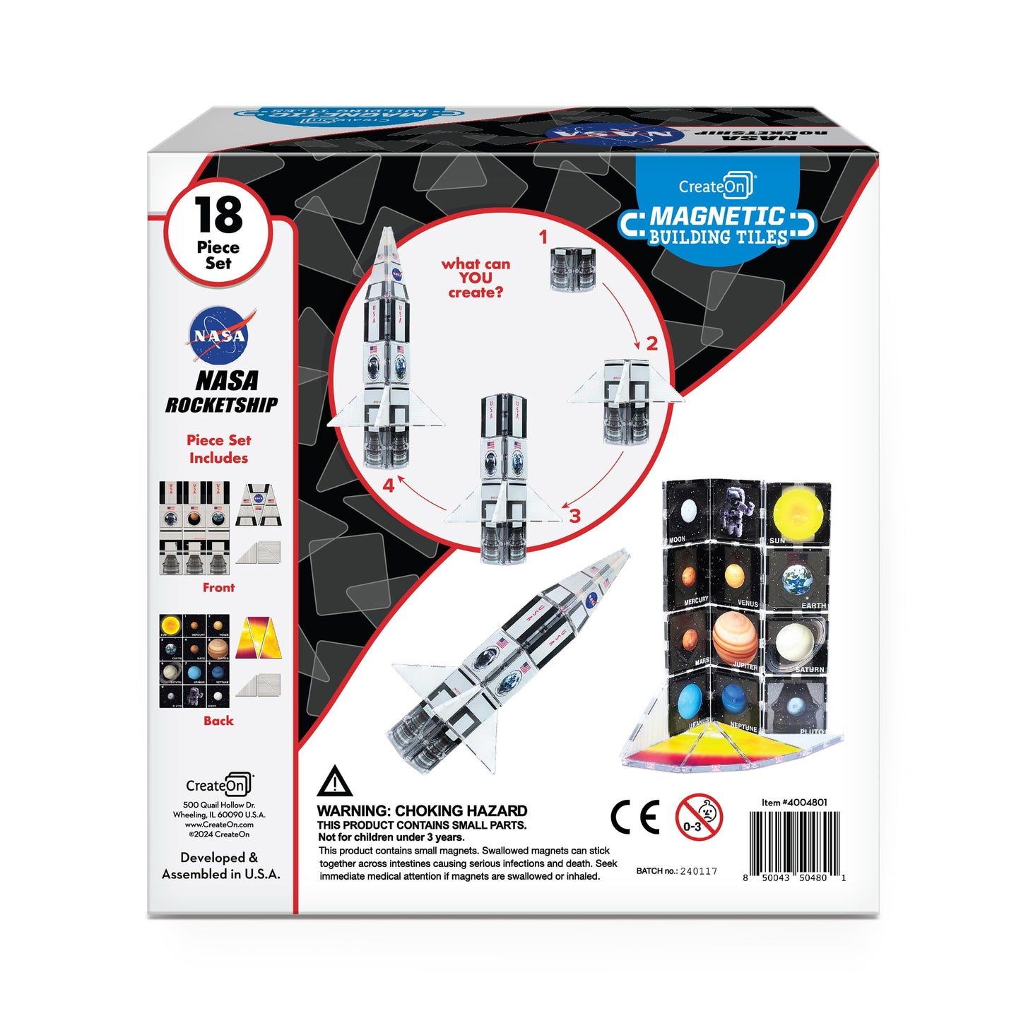 CreateOn NASA Rocketship Magnetic Tile Set | 18-Piece STEM Building Toys for Kids 3+