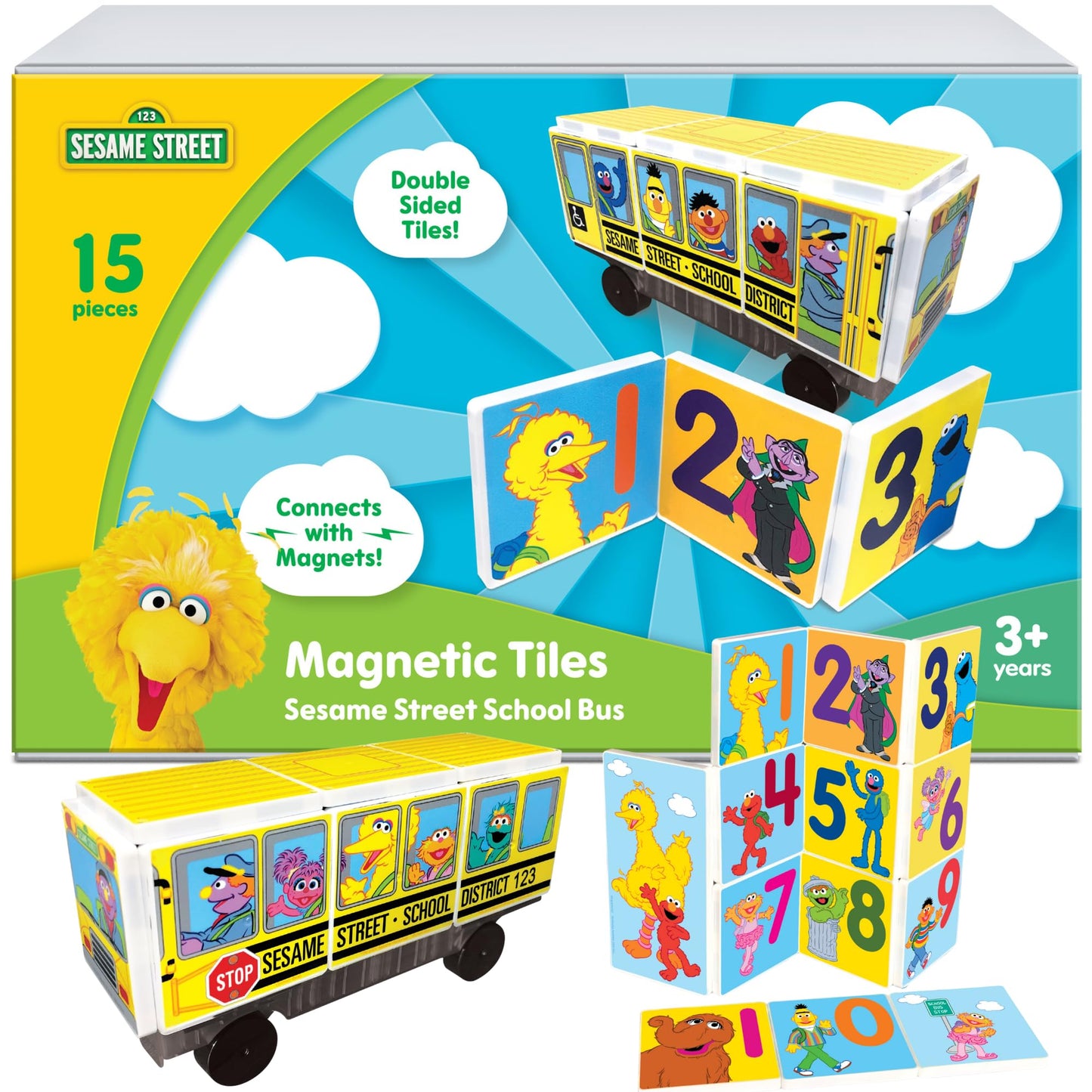 CreateOn Sesame Street School Bus Magnetic Tiles – 14-Piece Educational Toy for Ages 3+