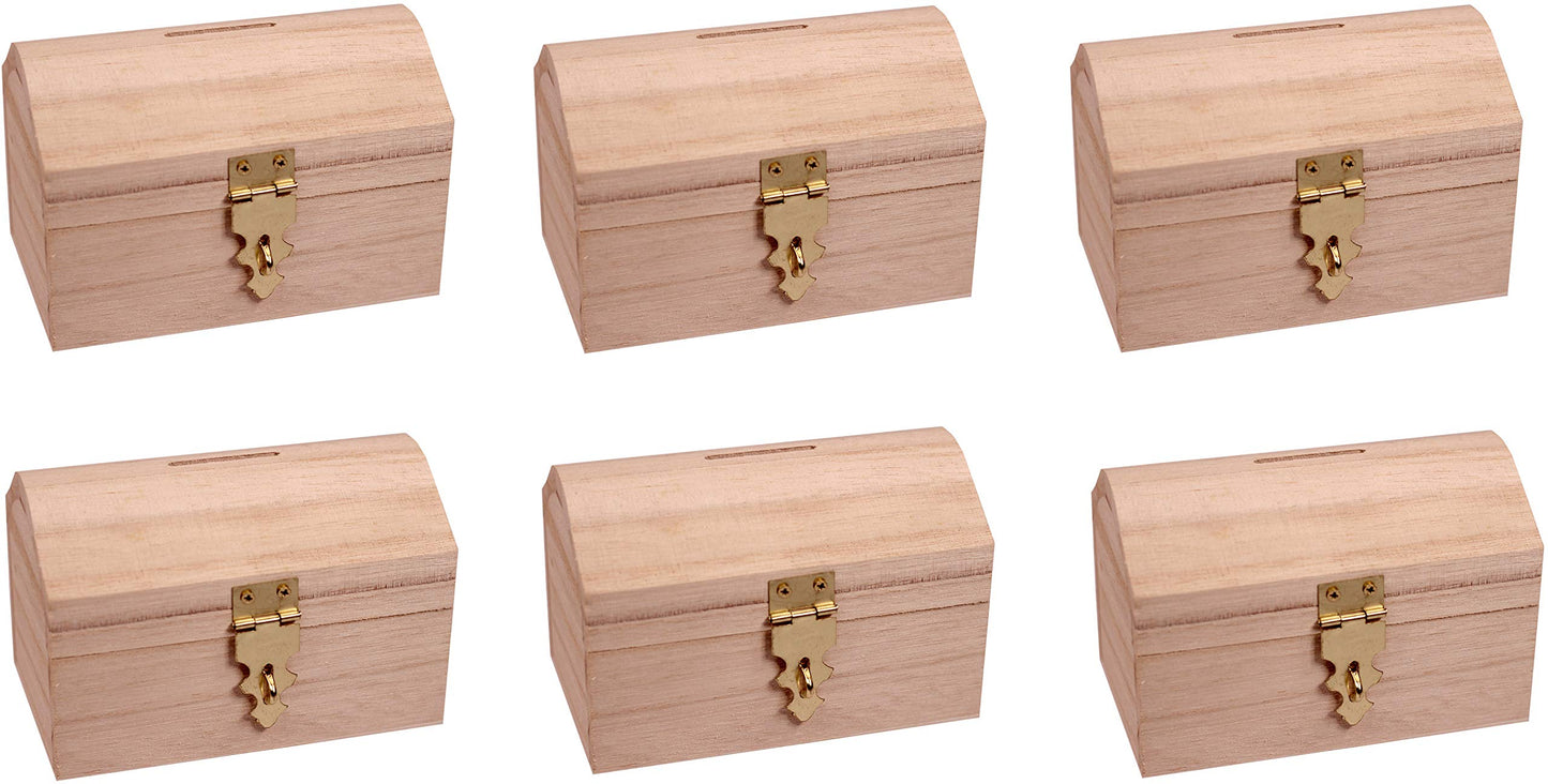 Creative Hobbies Pack of 6 Ready-to-Decorate Wood Treasure Chest Savings Banks – DIY Craft