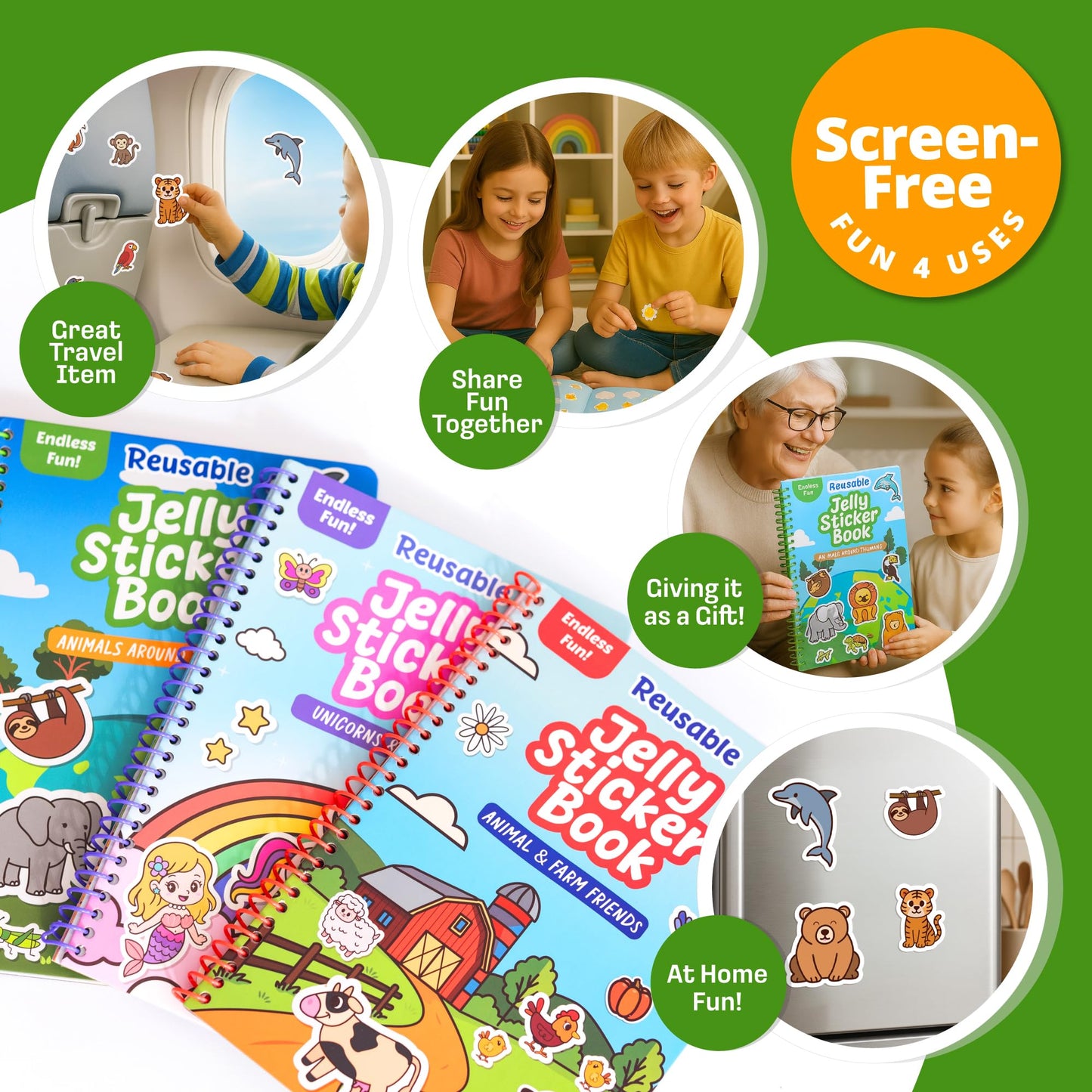 Creative Kiddos Reusable Sticker Book - Animals (50 Jelly Stickers) Travel Toy for Toddlers 3-5