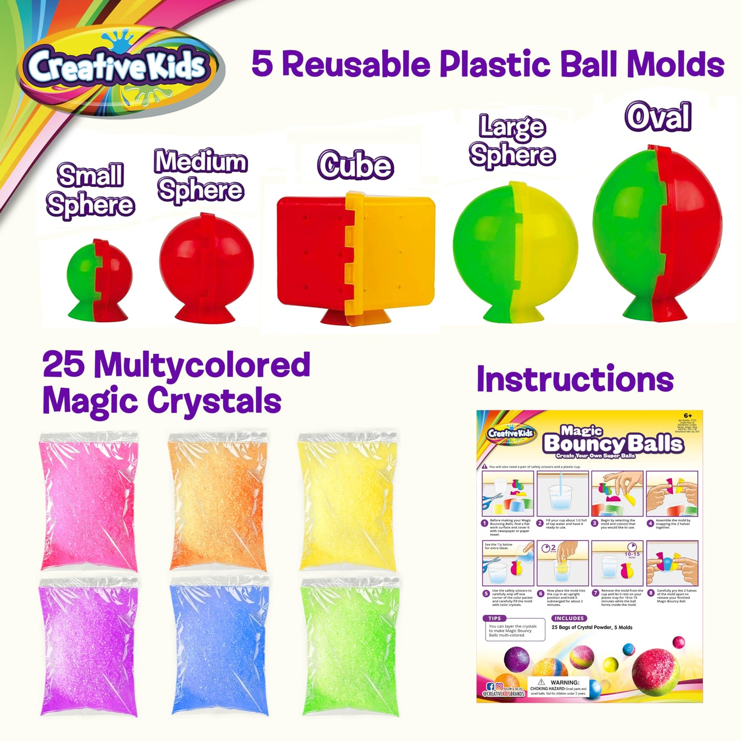Creative Kids Magic Bouncy Balls Kit — DIY STEM Toy with 25 Crystal Powders, 5 Molds, Up to 43 Balls