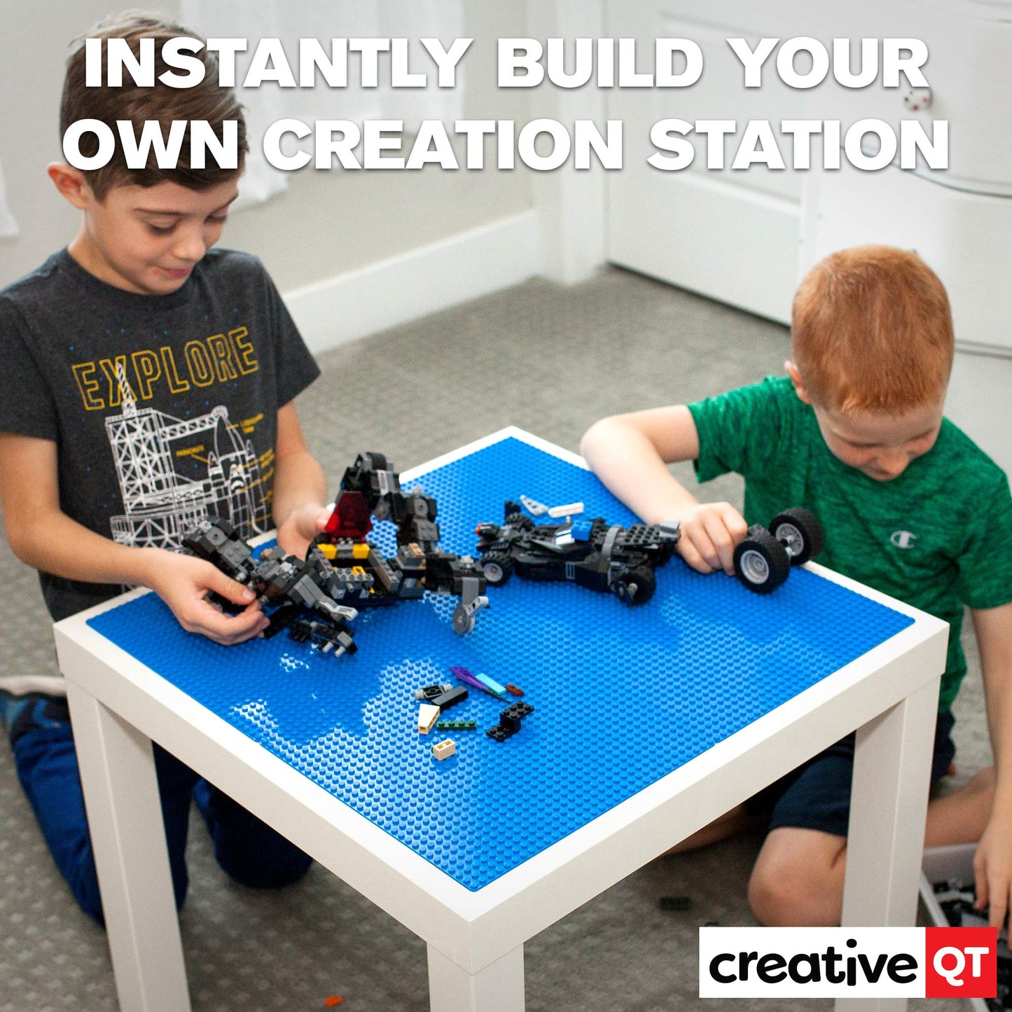 Creative QT Peel-and-Stick Stackable Baseplates – 4-Pack 10 x 10 in Blue | LEGO-Compatible Building Plates
