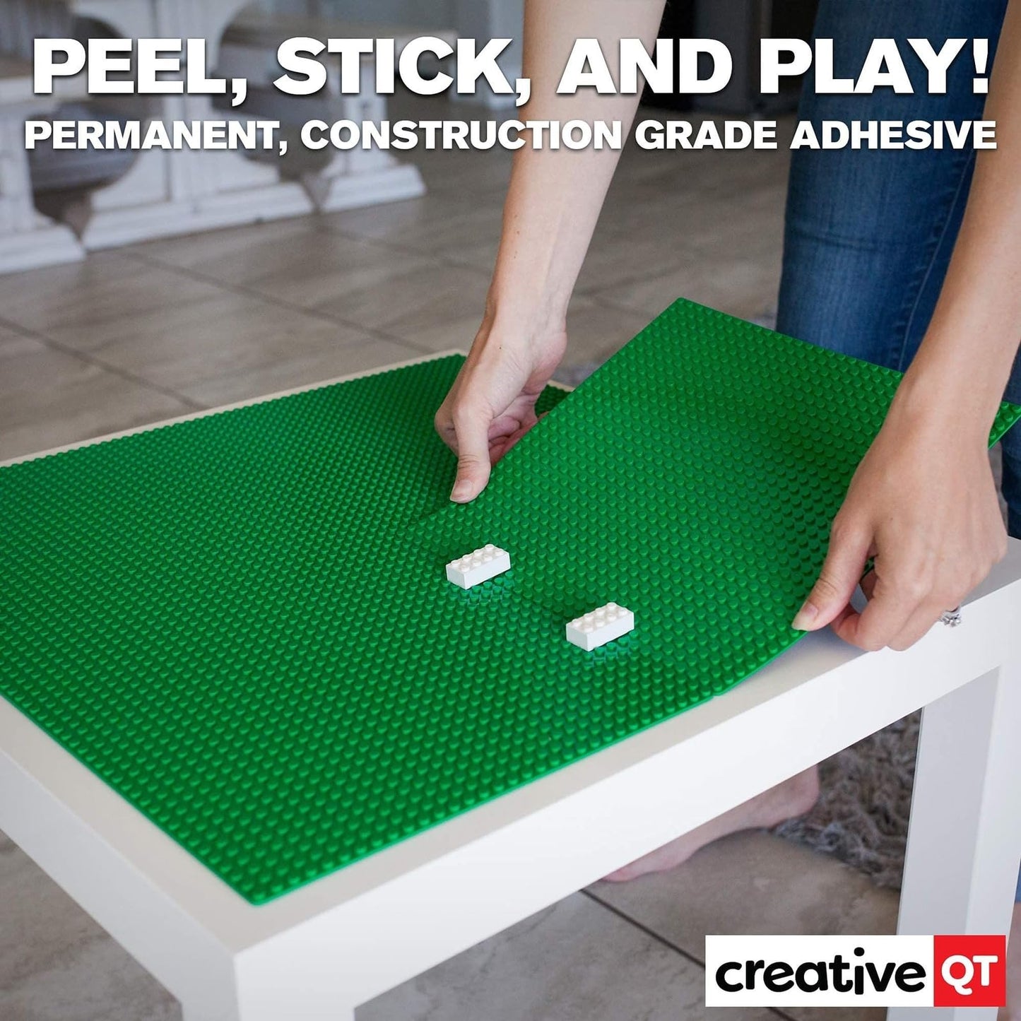 Creative QT Build-on-Wall Peel-and-Stick Baseplates, Green 10x10, 4-Pack | Compatible with LEGO & Major Brands