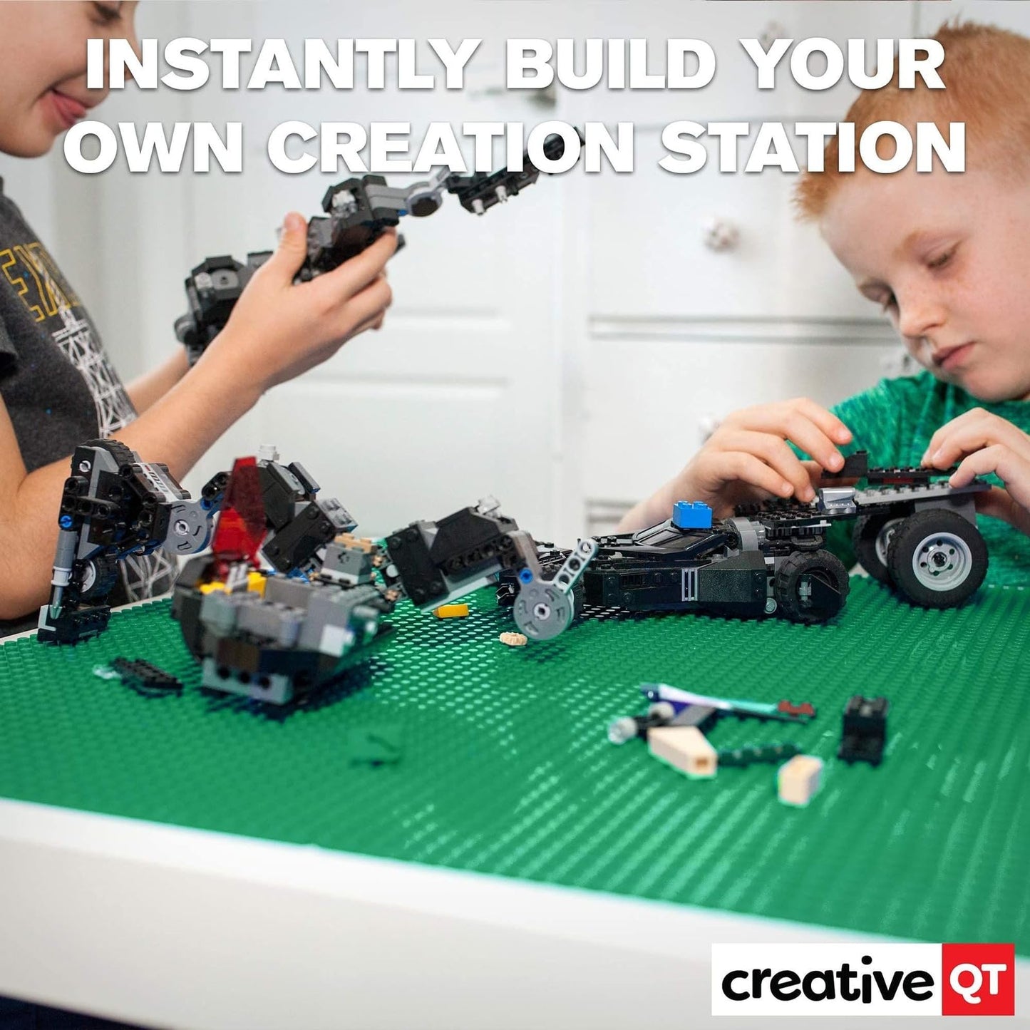 Creative QT Build-on-Wall Peel-and-Stick Baseplates, Green 10x10, 4-Pack | Compatible with LEGO & Major Brands