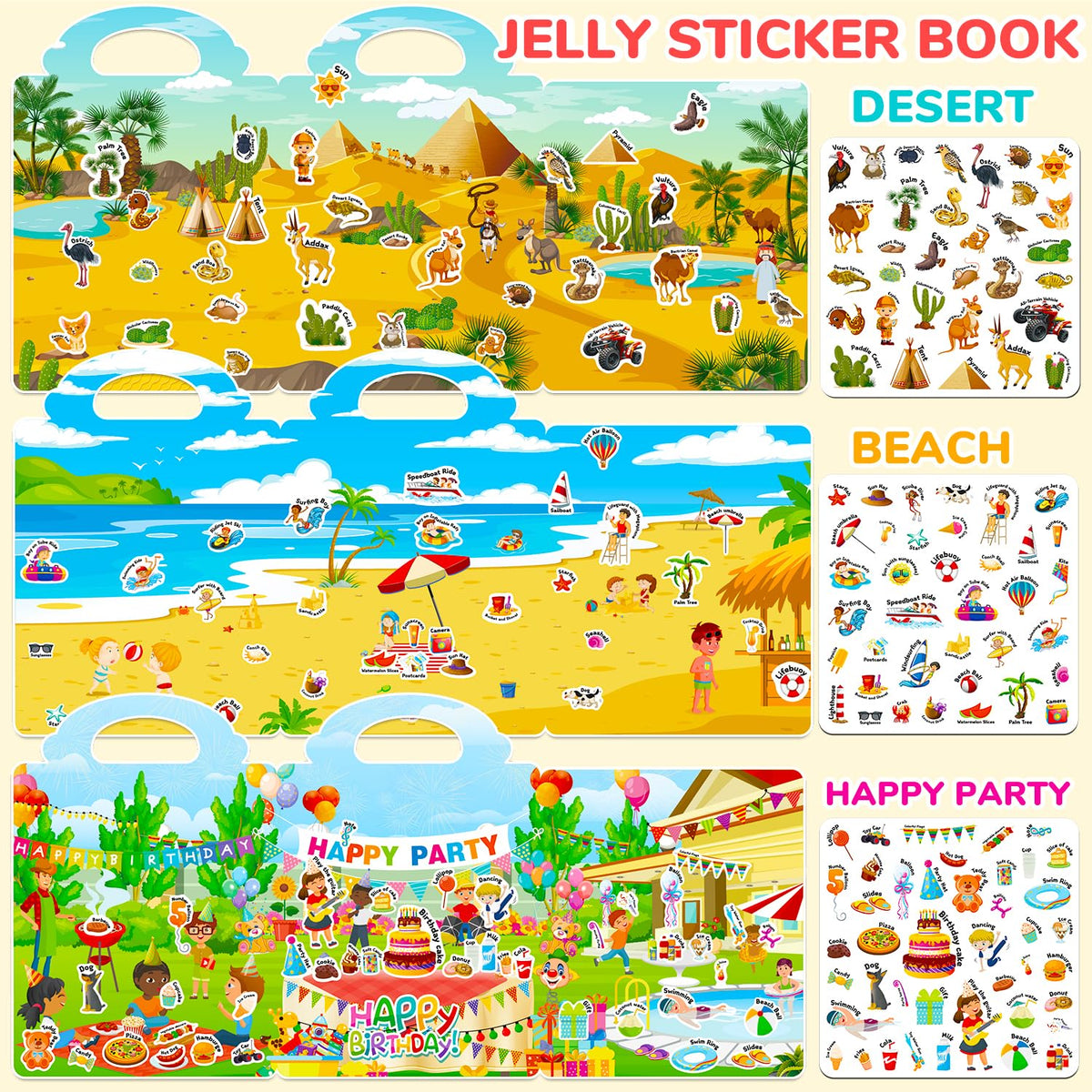 CREATIVETREES 6 Set Reusable Jelly Sticker Book for Toddlers 3-6 – Travel Activity & Learning Toy