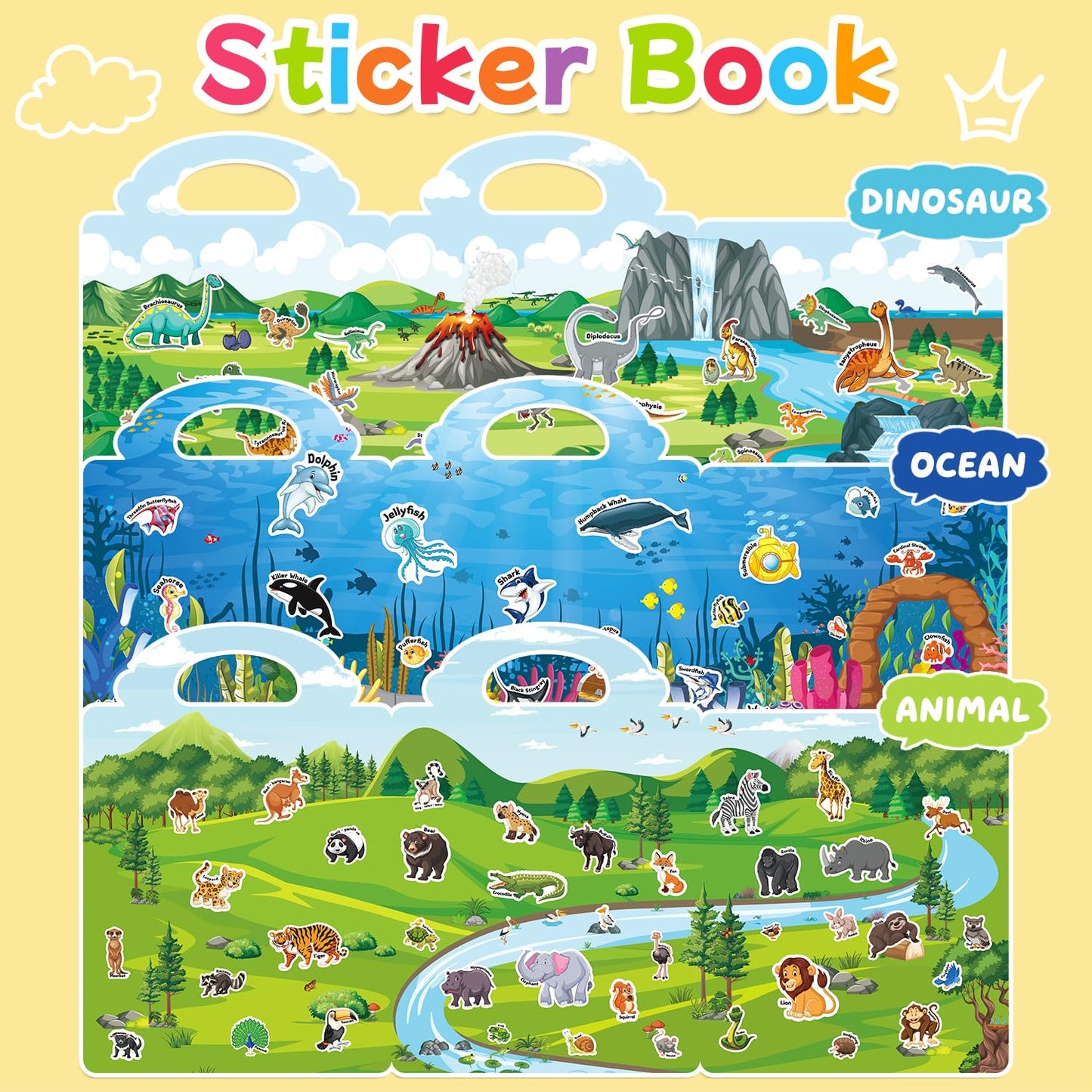 CreativTrees 3 Sets Reusable Jelly Sticker Books for Kids – Dinosaur, Ocean & Animal Themes