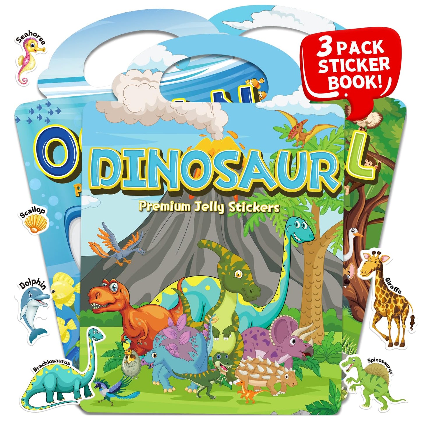 CreativTrees 3 Sets Reusable Jelly Sticker Books for Kids – Dinosaur, Ocean & Animal Themes