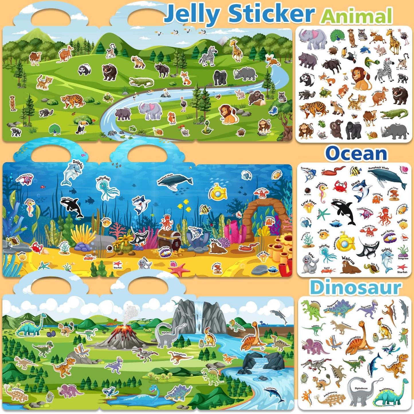 CreativTrees 3 Sets Reusable Jelly Sticker Books for Kids – Dinosaur, Ocean & Animal Themes