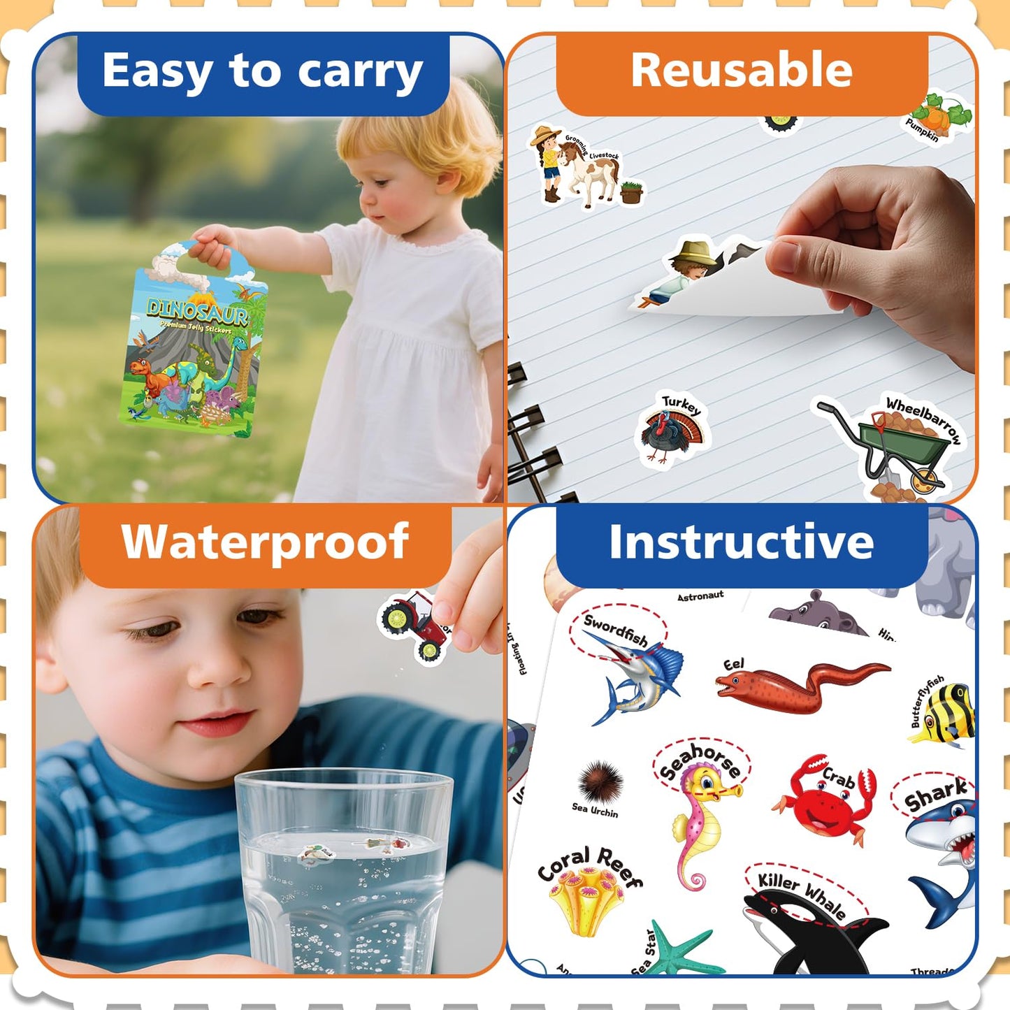 CreativTrees 3 Sets Reusable Jelly Sticker Books for Kids – Dinosaur, Ocean & Animal Themes