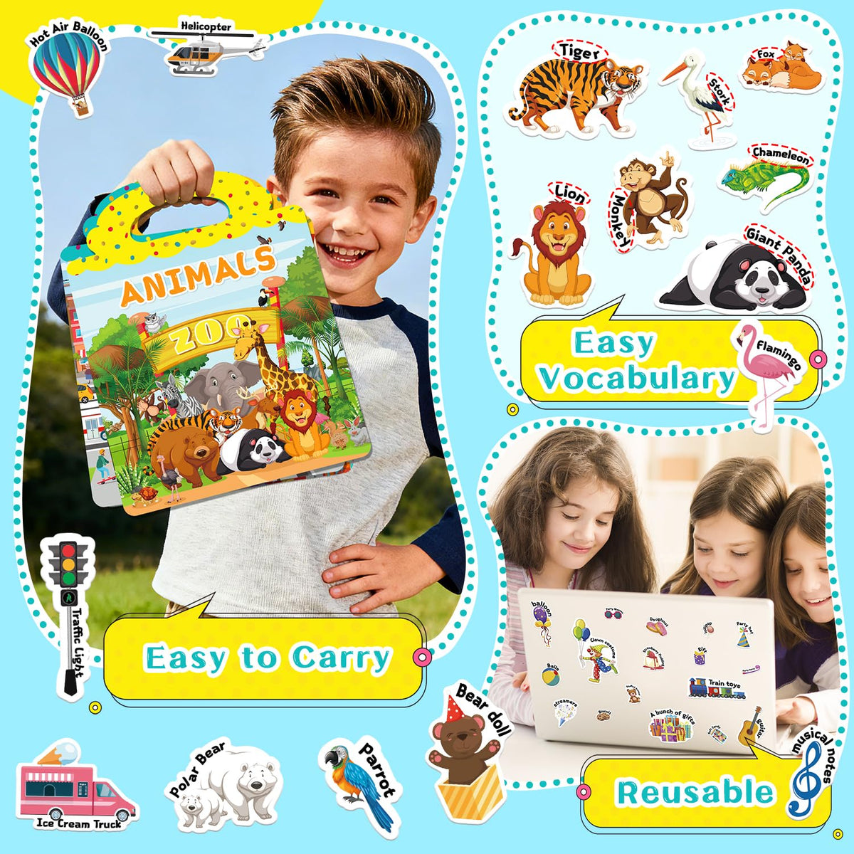 CREATIVETREES: 3 Sets Reusable Jelly Sticker Books for Toddlers (Ages 3–6) | Travel-Friendly Activity Books
