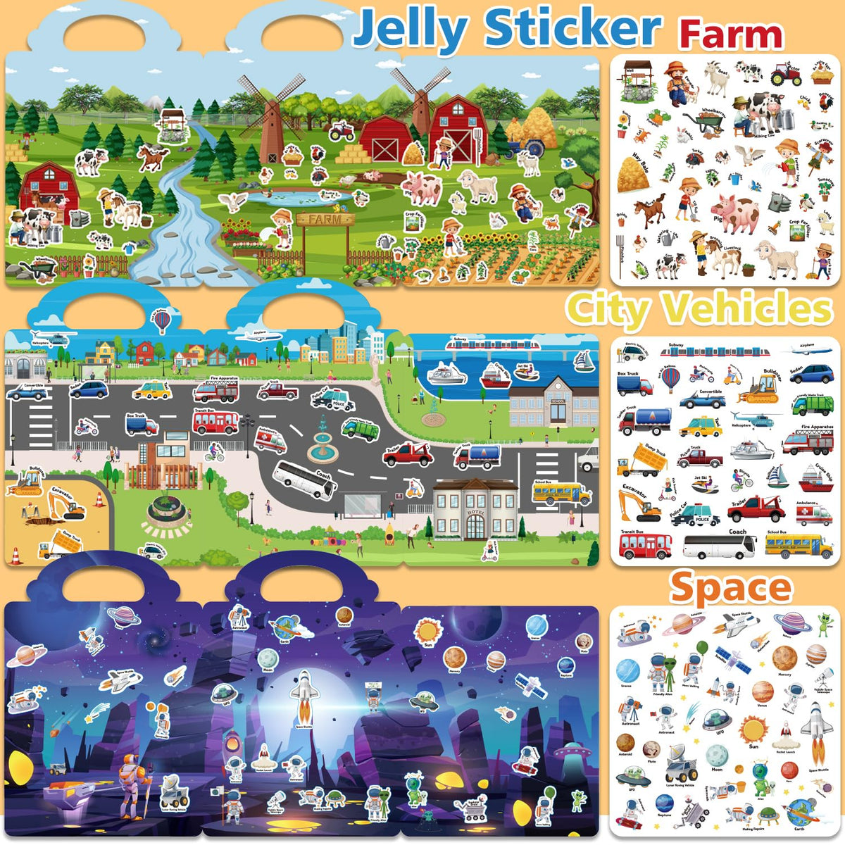 Creativetrees 6 Sets Reusable Jelly Sticker Books for Toddlers | Travel Activity Toys