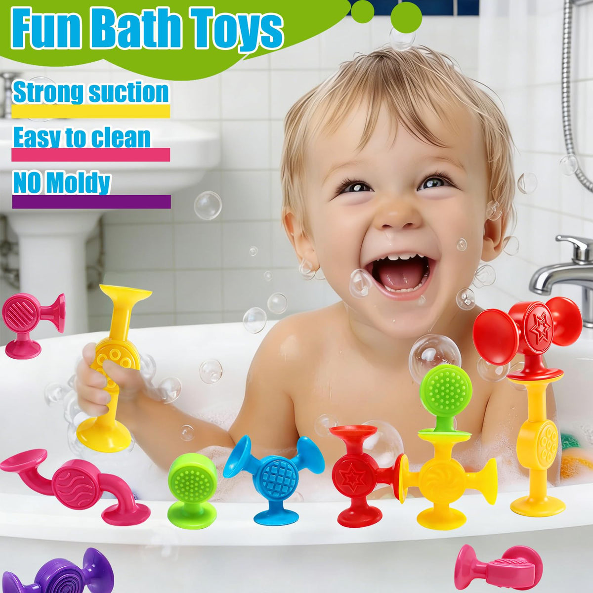 CreateView Toddlers Suction Cup Bath Toys – Sensory Building Set, 12Pcs Montessori Bath Toys for Kids