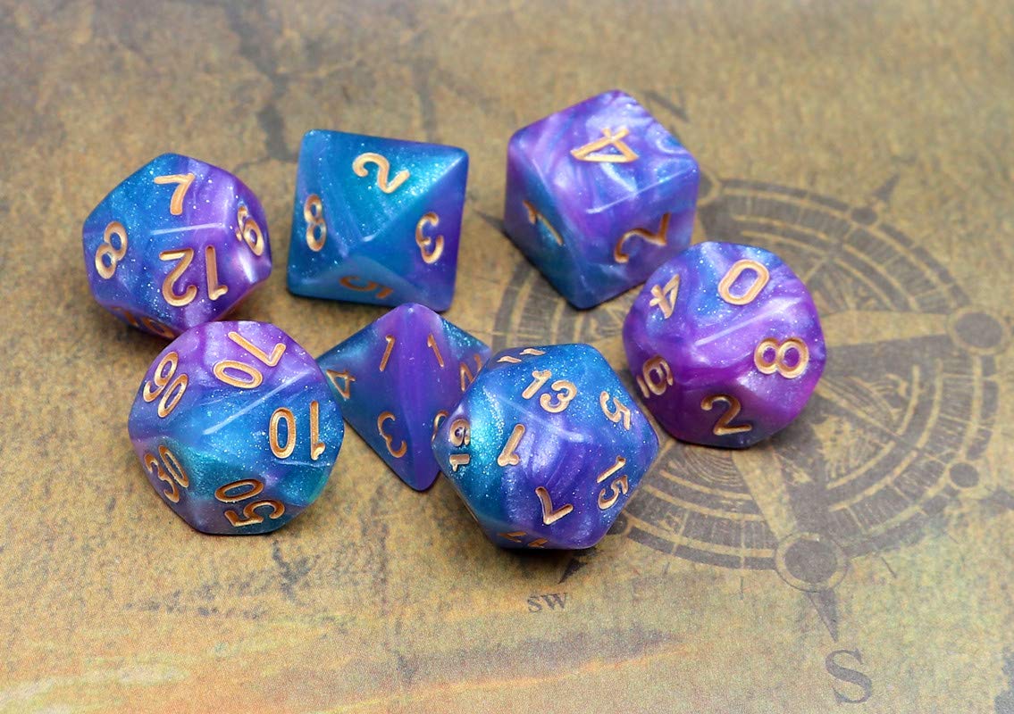 CREEBUY Lake Blue Purple Glitter DND Dice Set - 7-Piece Acrylic Polyhedral Dice
