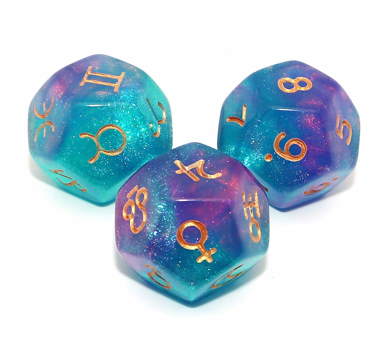 CREEBUY Astrology Dice 3-Piece D12 Glitter Polyhedral Set – Constellation Divination