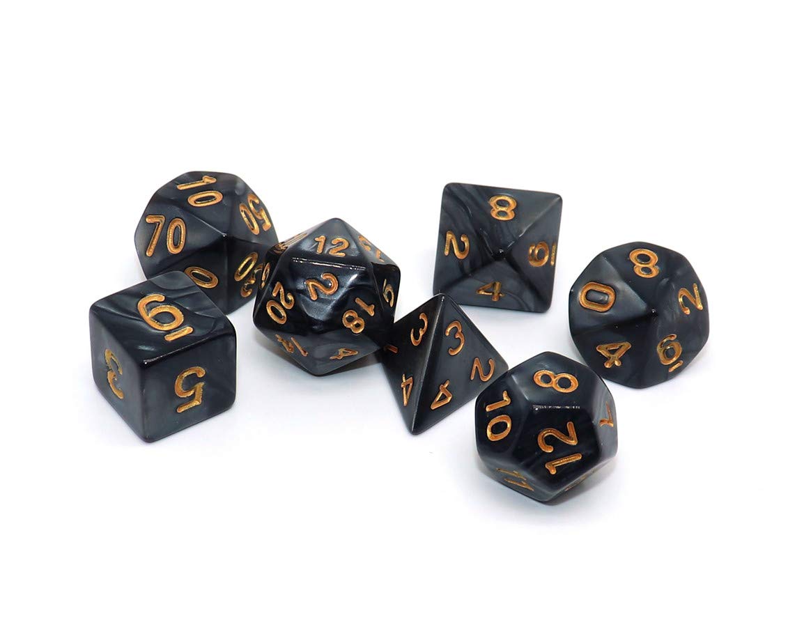 CREEBUY Black Polyhedral DND Dice Set – 7-Piece with Pouch | Pearl Black, Gold Numbers