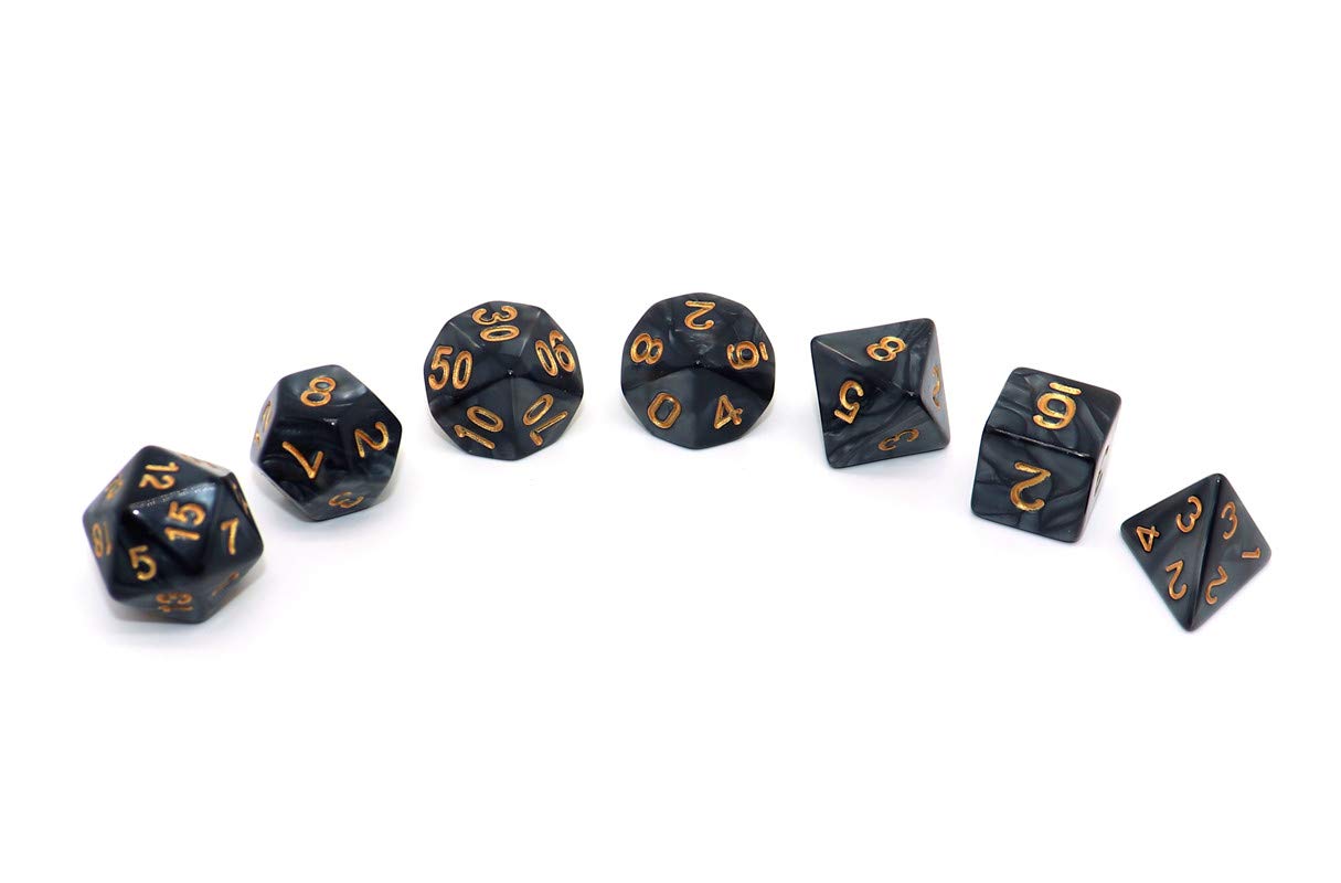 CREEBUY Black Polyhedral DND Dice Set – 7-Piece with Pouch | Pearl Black, Gold Numbers