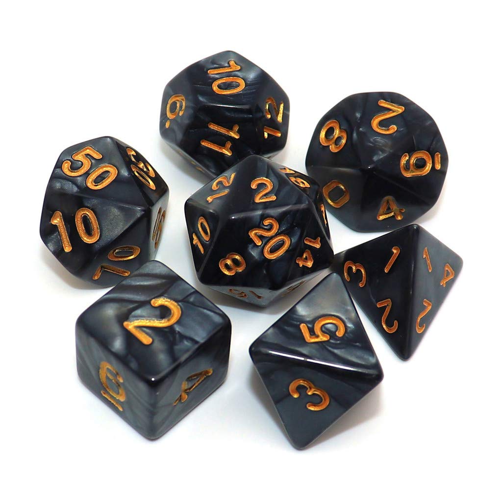 CREEBUY Black Polyhedral DND Dice Set – 7-Piece with Pouch | Pearl Black, Gold Numbers