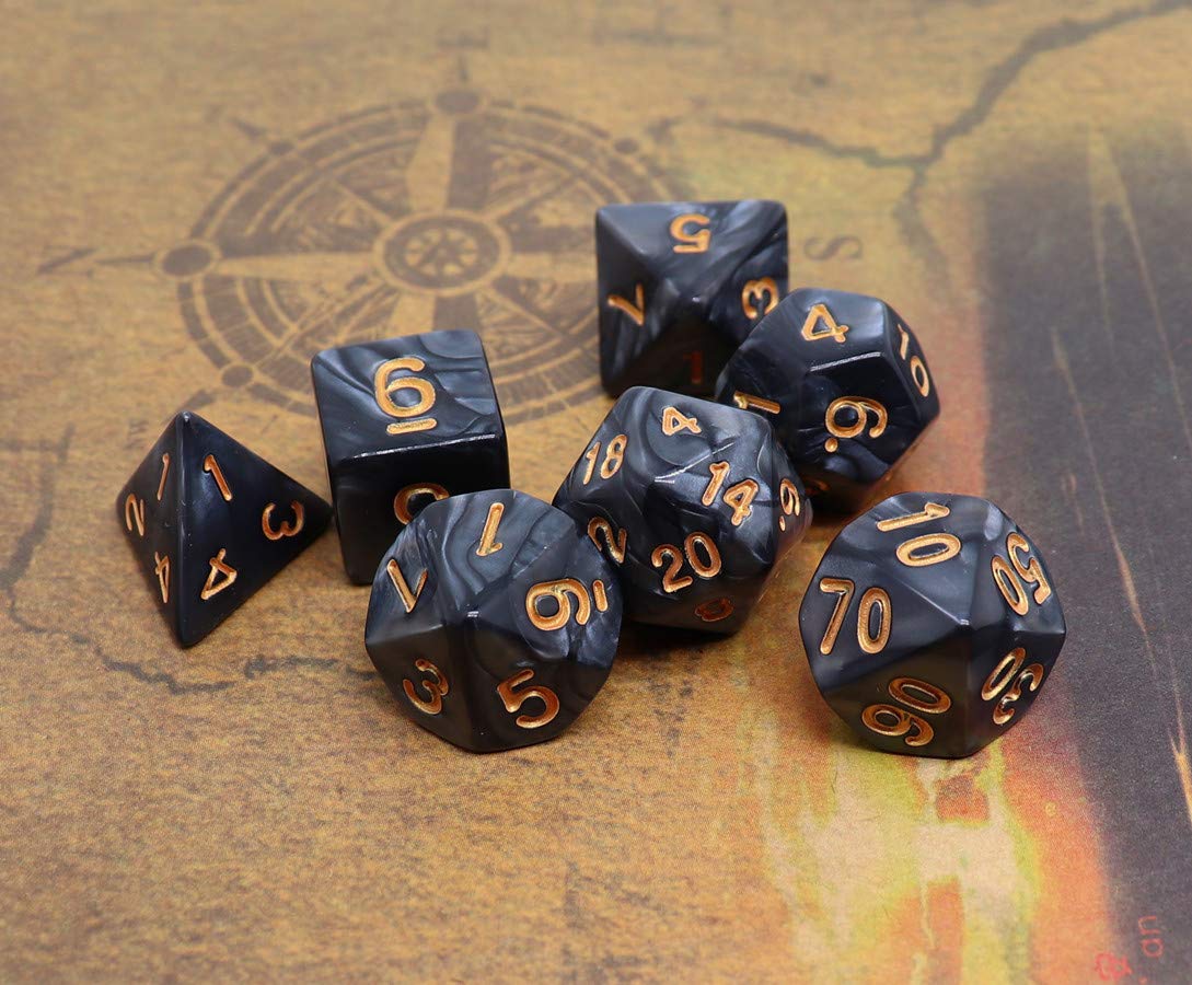 CREEBUY Black Polyhedral DND Dice Set – 7-Piece with Pouch | Pearl Black, Gold Numbers