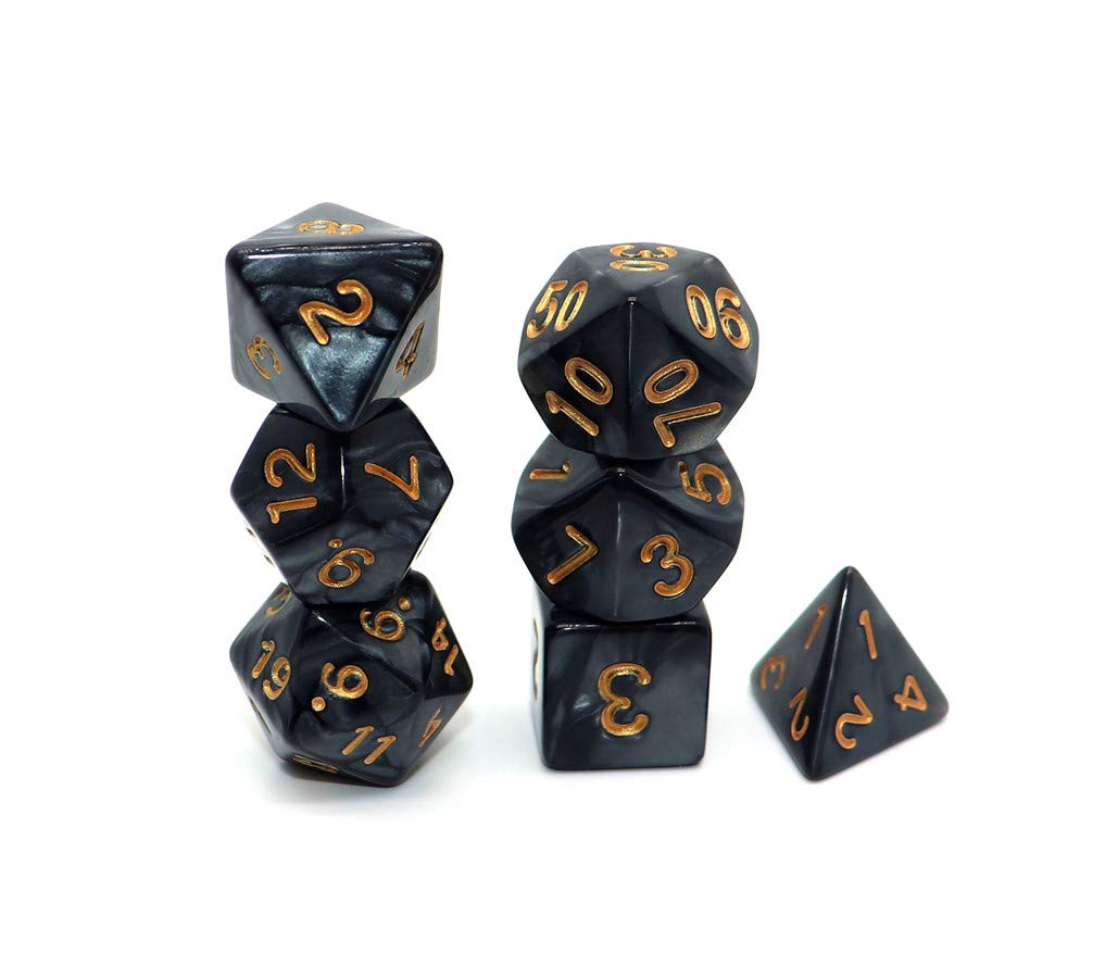 CREEBUY Black Polyhedral DND Dice Set – 7-Piece with Pouch | Pearl Black, Gold Numbers