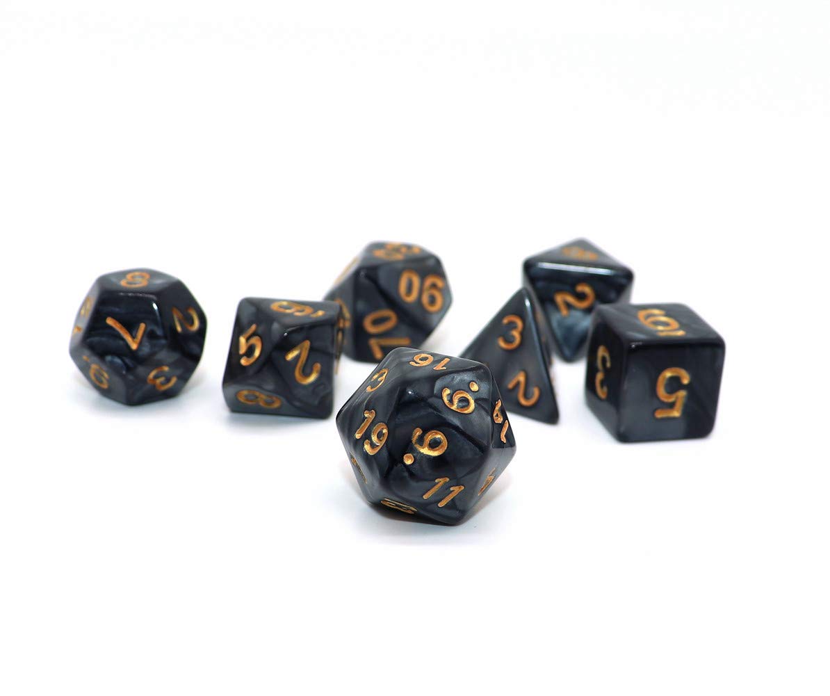 CREEBUY Black Polyhedral DND Dice Set – 7-Piece with Pouch | Pearl Black, Gold Numbers