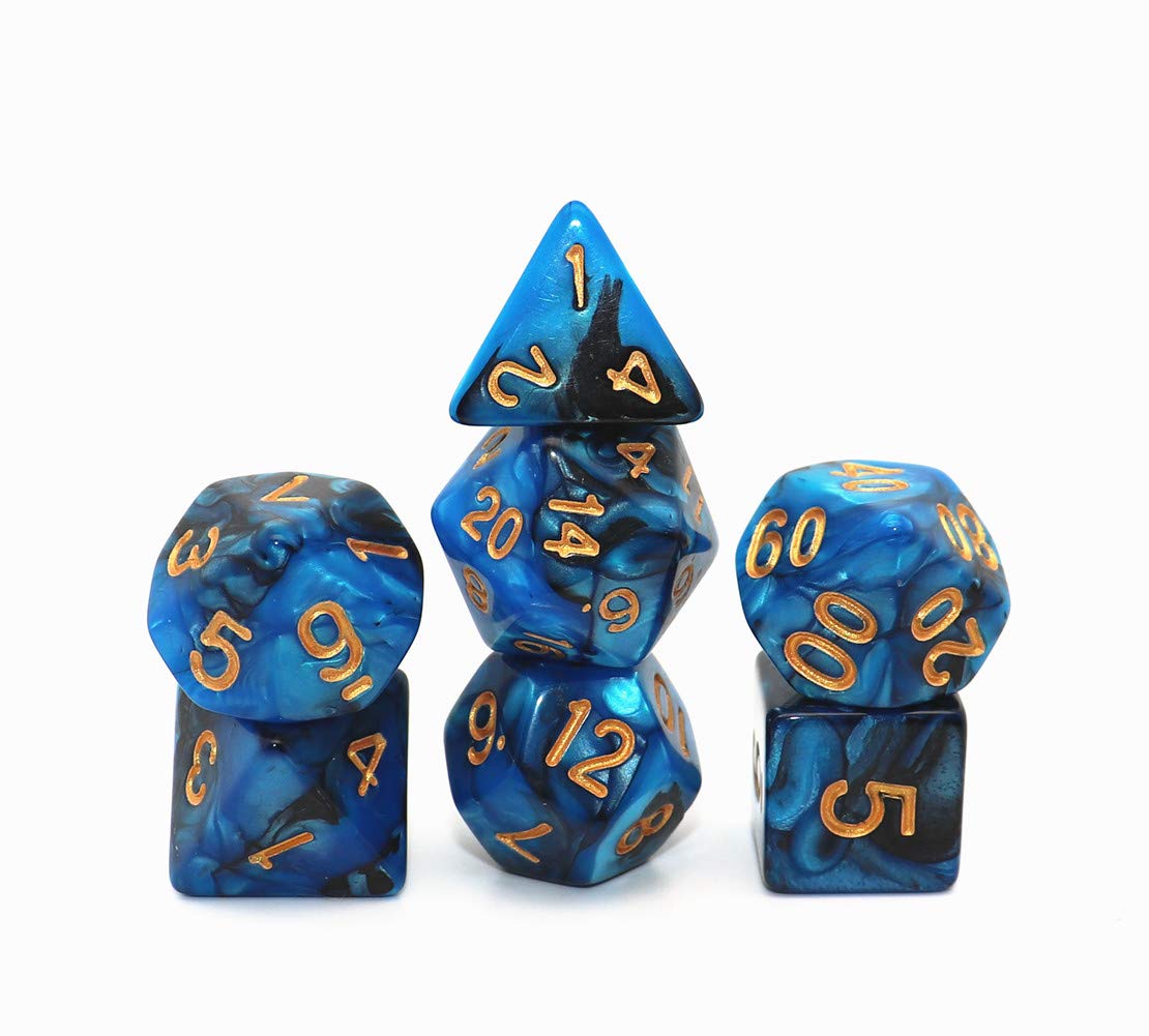 CREEBUY Blue Mix Black Dice Set – 7-Piece Polyhedral DND Dice for D&D RPG