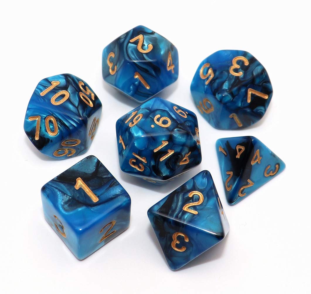 CREEBUY Blue Mix Black Dice Set – 7-Piece Polyhedral DND Dice for D&D RPG