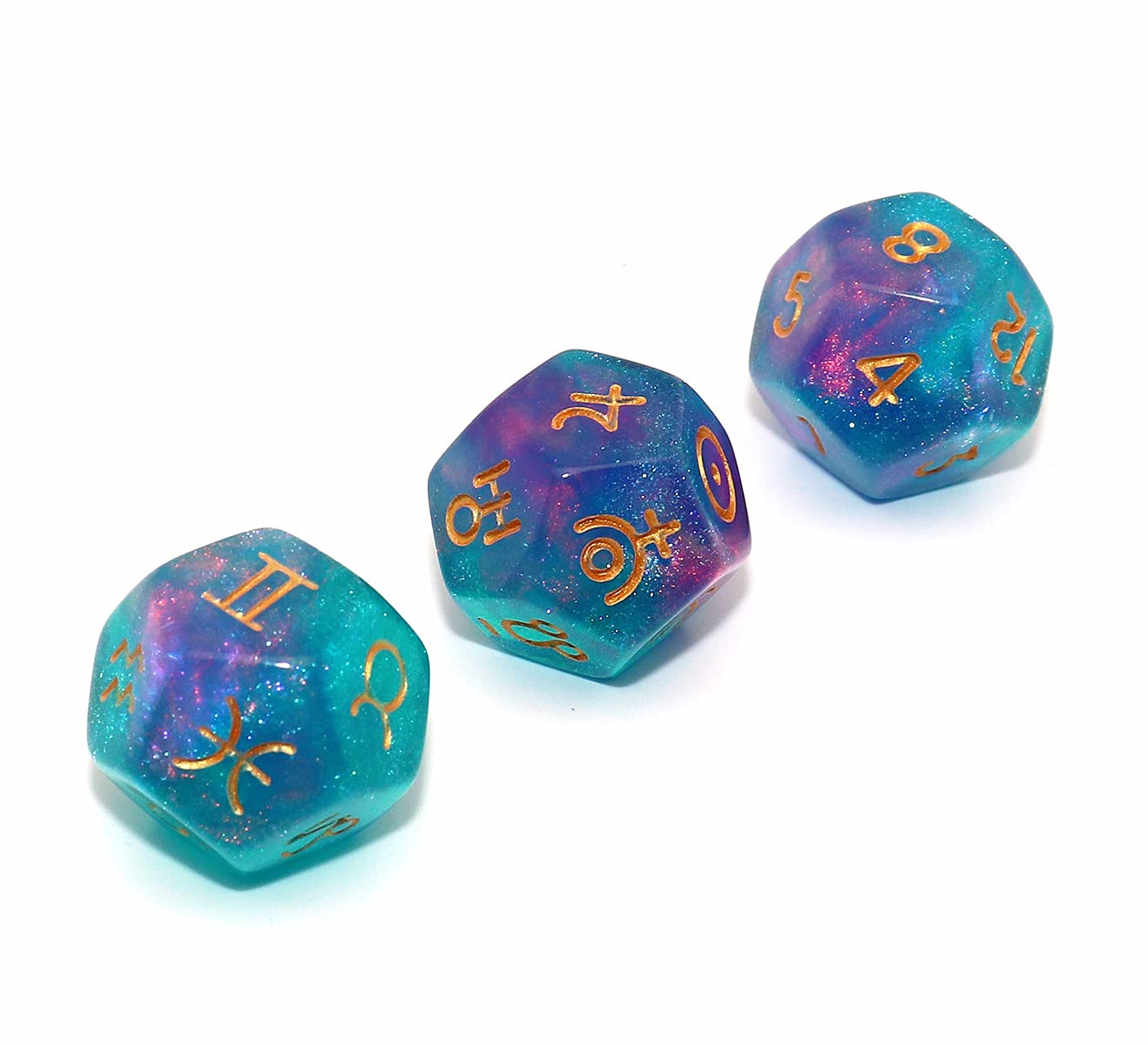 CREEBUY Astrology Dice 3-Piece D12 Glitter Polyhedral Set – Constellation Divination