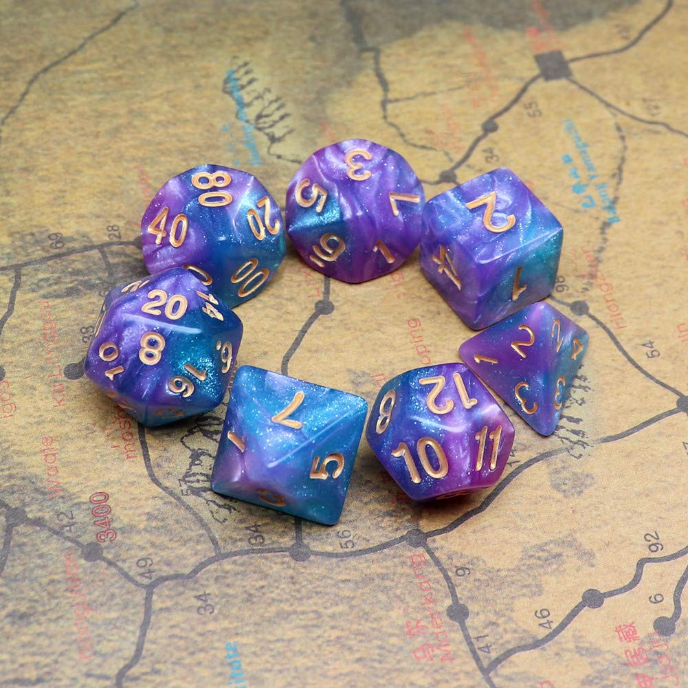 CREEBUY Lake Blue Purple Glitter DND Dice Set - 7-Piece Acrylic Polyhedral Dice