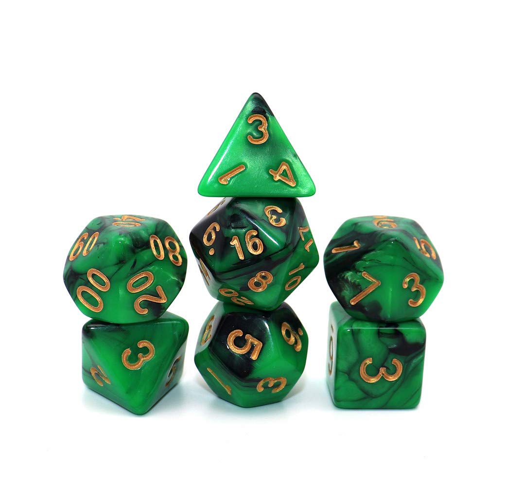 CREEBUY Green Mix Black Dice Set – 7‑Die DND Polyhedral Dice for D&D RPG