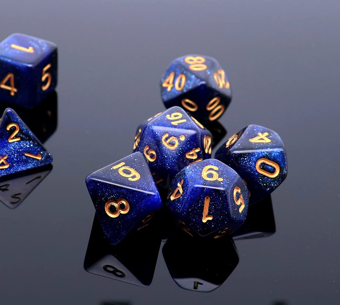 CREEBUY DND Dice Set – 7Pcs Dark Blue Nebula Acrylic Dice + Dice Bag