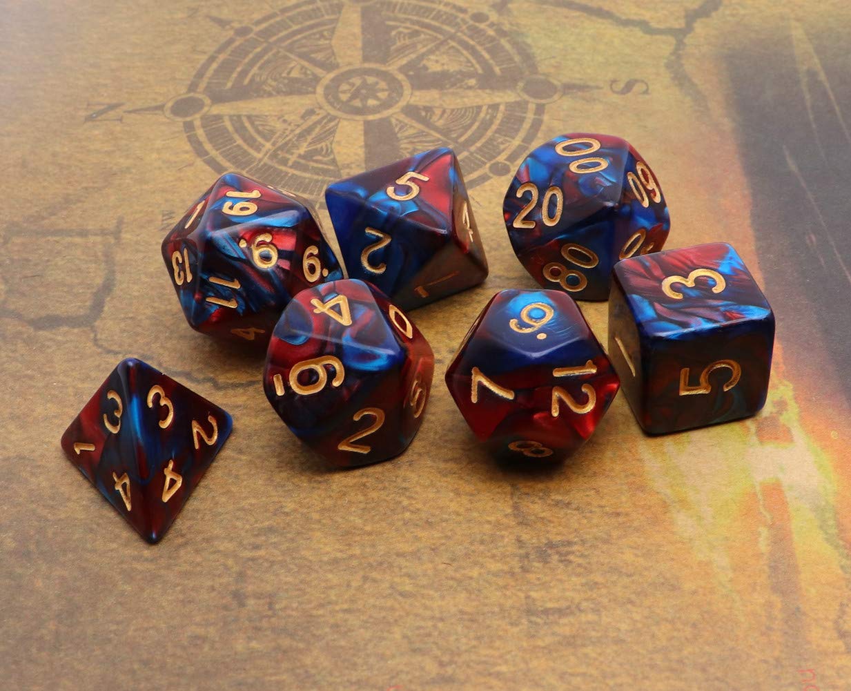 CREEBUY Red & Blue Polyhedral Dice Set – 7-Piece for D&D MTG RPG