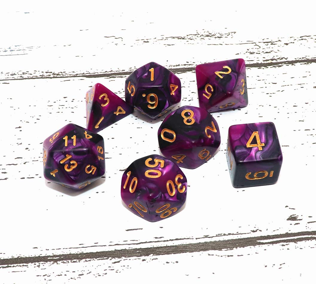 CREEBUY 7Pcs DND Dice Set – Black Purple Polyhedral Dice for RPGs (D20/D12/D10/D8/D6/D4 + Percentile)