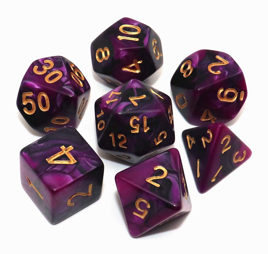 CREEBUY 7Pcs DND Dice Set – Black Purple Polyhedral Dice for RPGs (D20/D12/D10/D8/D6/D4 + Percentile)
