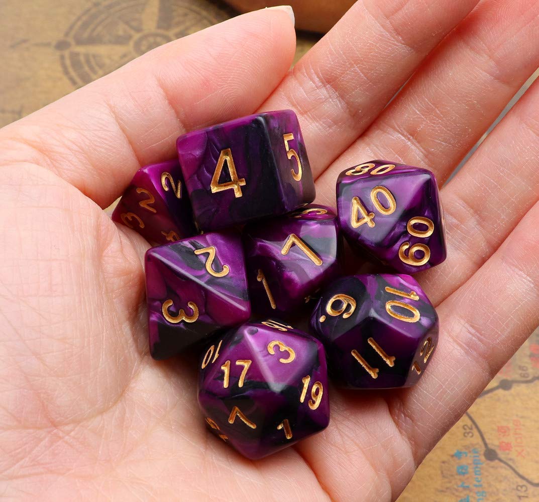 CREEBUY 7Pcs DND Dice Set – Black Purple Polyhedral Dice for RPGs (D20/D12/D10/D8/D6/D4 + Percentile)