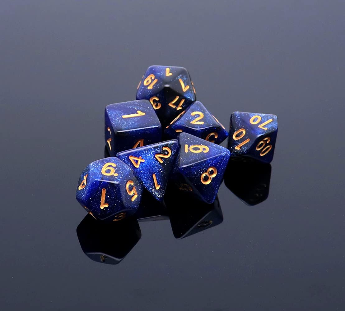 CREEBUY DND Dice Set – 7Pcs Dark Blue Nebula Acrylic Dice + Dice Bag