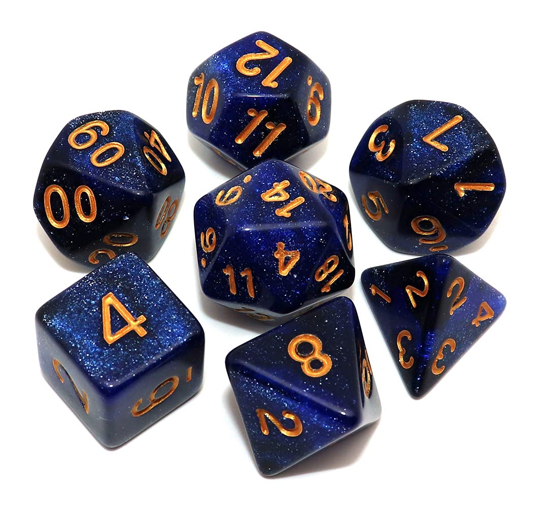 CREEBUY DND Dice Set – 7Pcs Dark Blue Nebula Acrylic Dice + Dice Bag