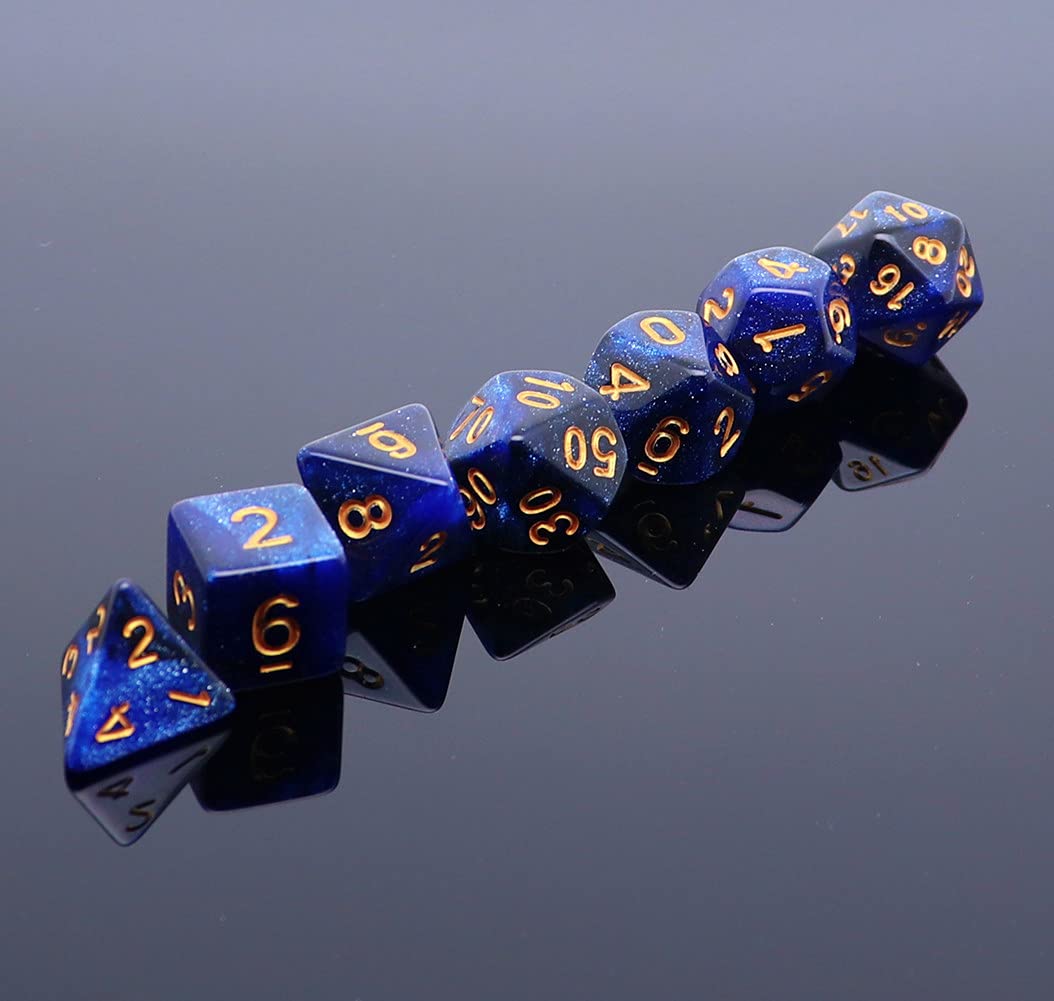 CREEBUY DND Dice Set – 7Pcs Dark Blue Nebula Acrylic Dice + Dice Bag