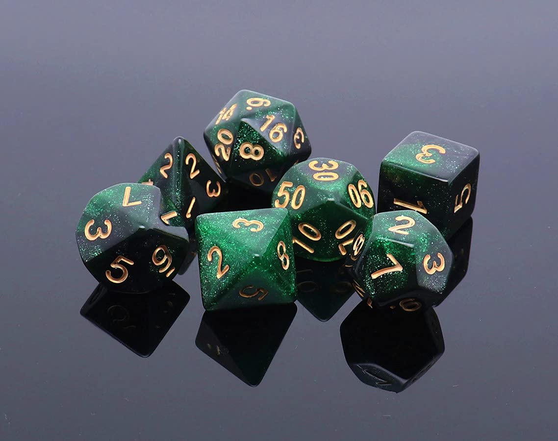 CREEBUY Polyhedral DND Dice Set Glitter Green & Black Nebula – 7Pcs for D&D & RPG