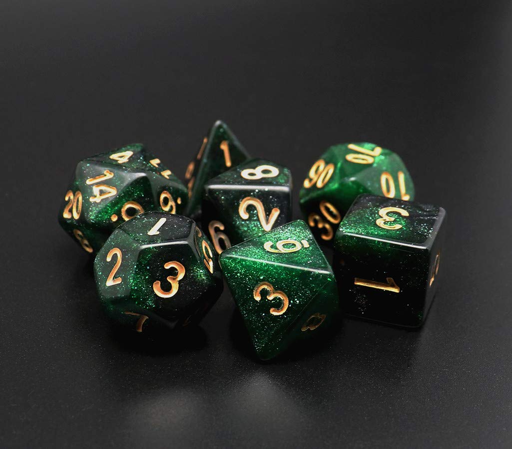 CREEBUY Polyhedral DND Dice Set Glitter Green & Black Nebula – 7Pcs for D&D & RPG