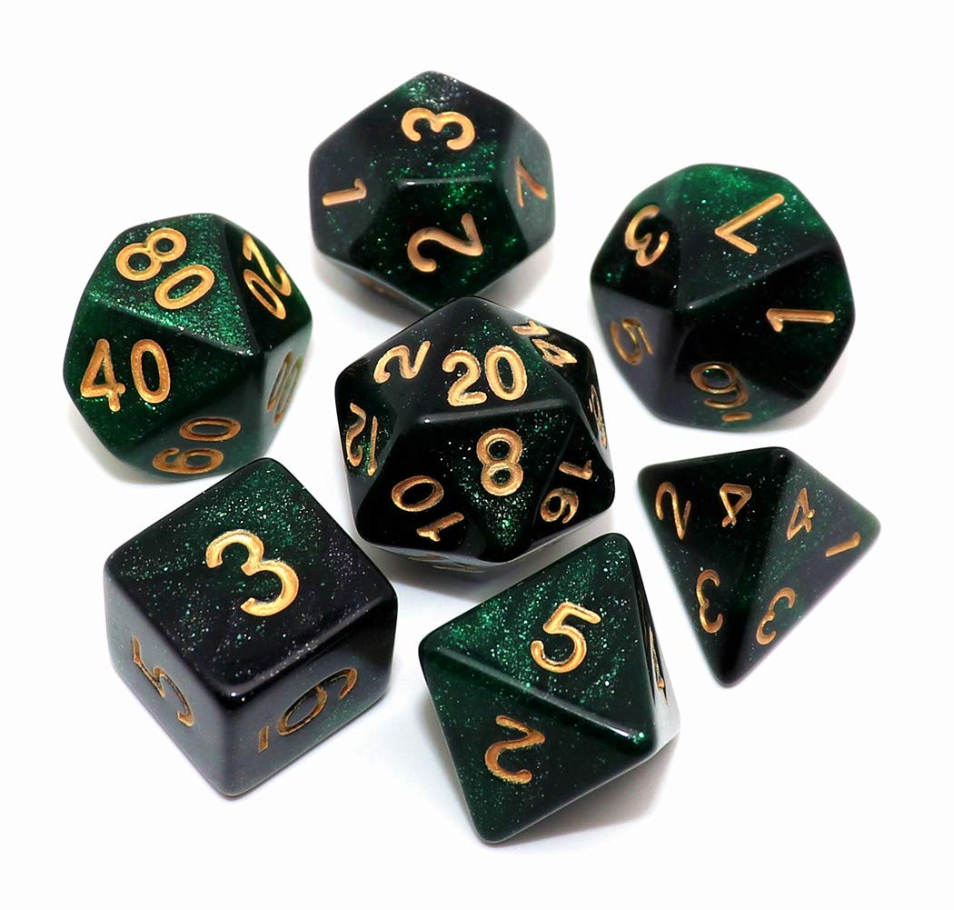 CREEBUY Polyhedral DND Dice Set Glitter Green & Black Nebula – 7Pcs for D&D & RPG